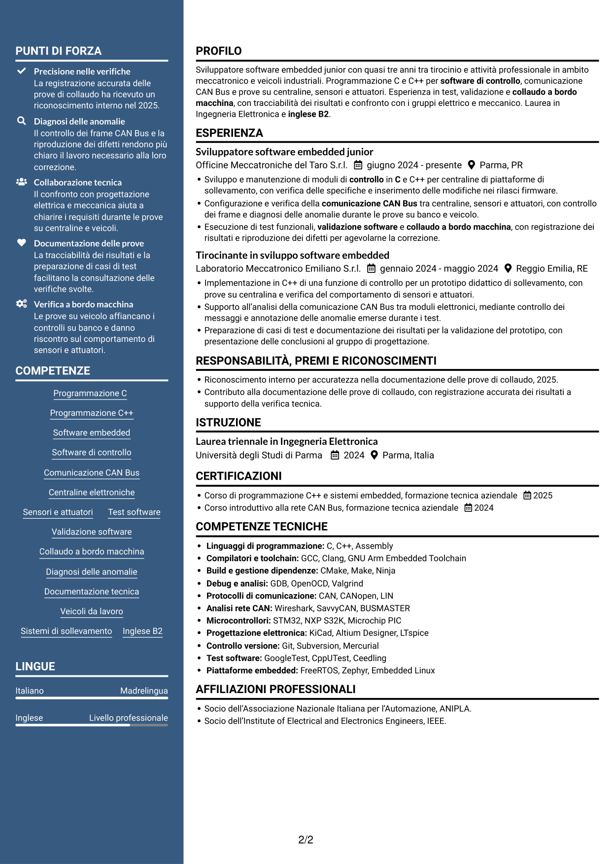CV Elegante (formato con colonna laterale colorata e foto): Sviluppatore Software Embedded Junior - C/C++, pagina 2