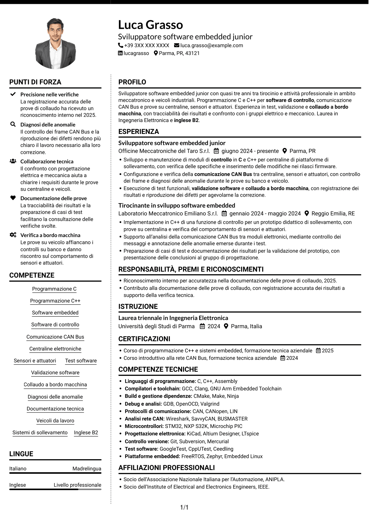 CV Moderno (formato a due colonne con foto a sinistra e separatore): Sviluppatore Software Embedded Junior - C/C++, pagina 1