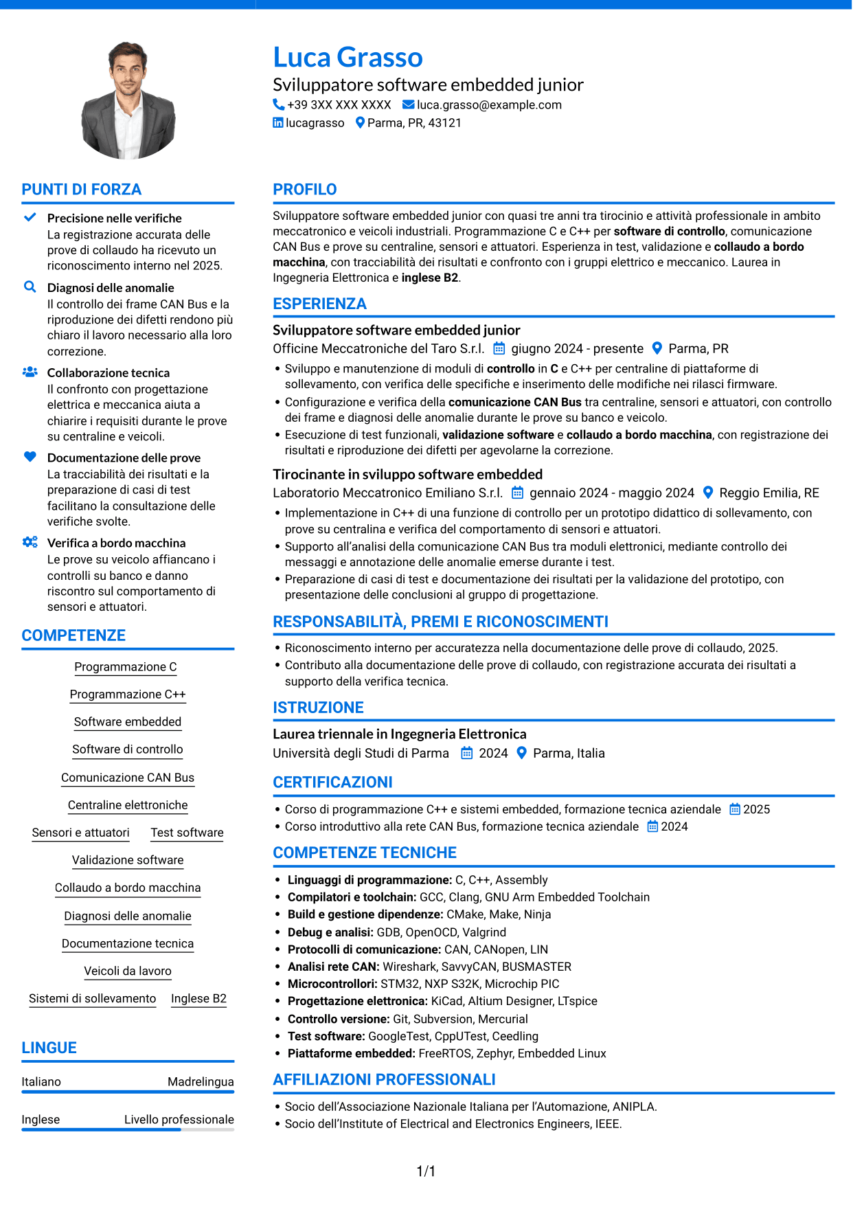 CV Audace (formato a due colonne con accenti colorati e foto): Sviluppatore Software Embedded Junior - C/C++, pagina 1