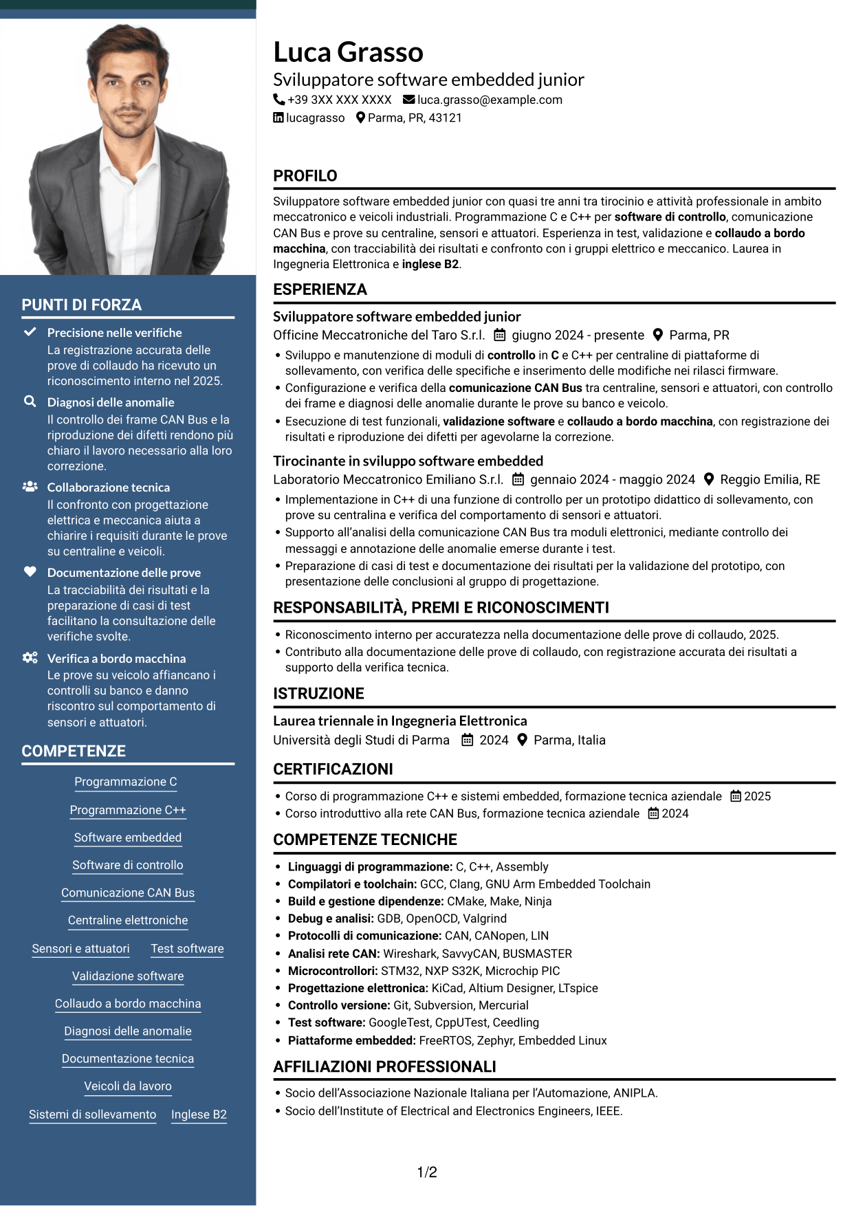 CV Signature (formato con colonna laterale colorata e foto grande): Sviluppatore Software Embedded Junior - C/C++, pagina 1