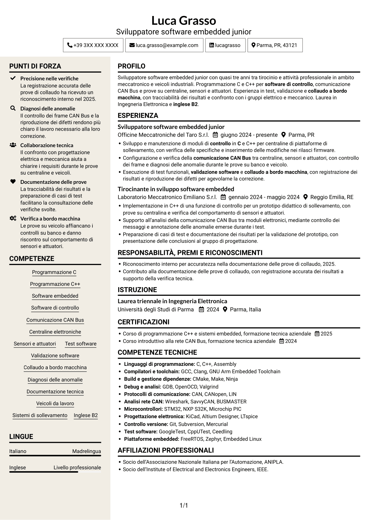 CV Intraprendente (formato a due colonne con intestazione centrata senza foto): Sviluppatore Software Embedded Junior - C/C++, pagina 1