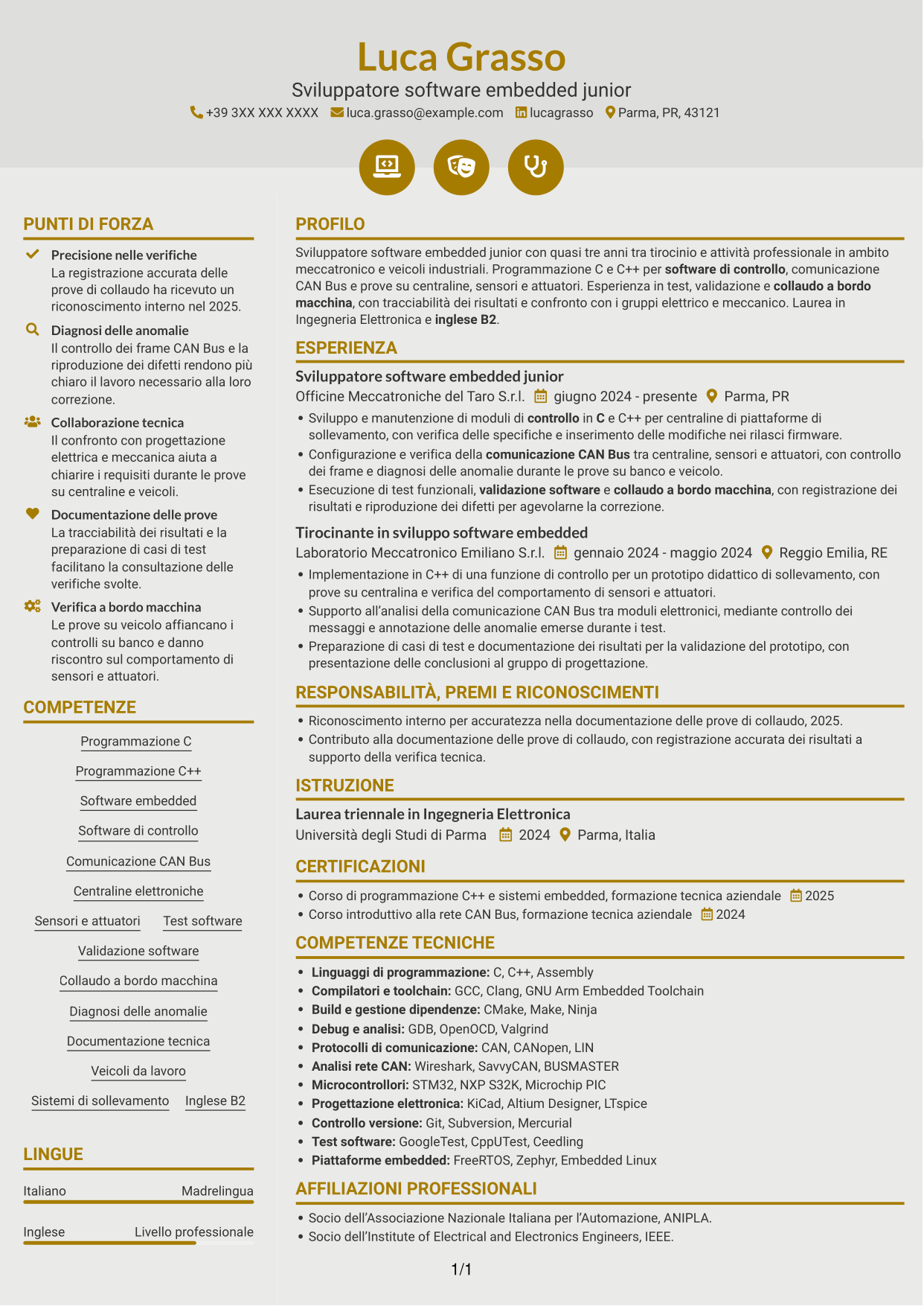CV Dinamico (formato a due colonne con icone): Sviluppatore Software Embedded Junior - C/C++, pagina 1
