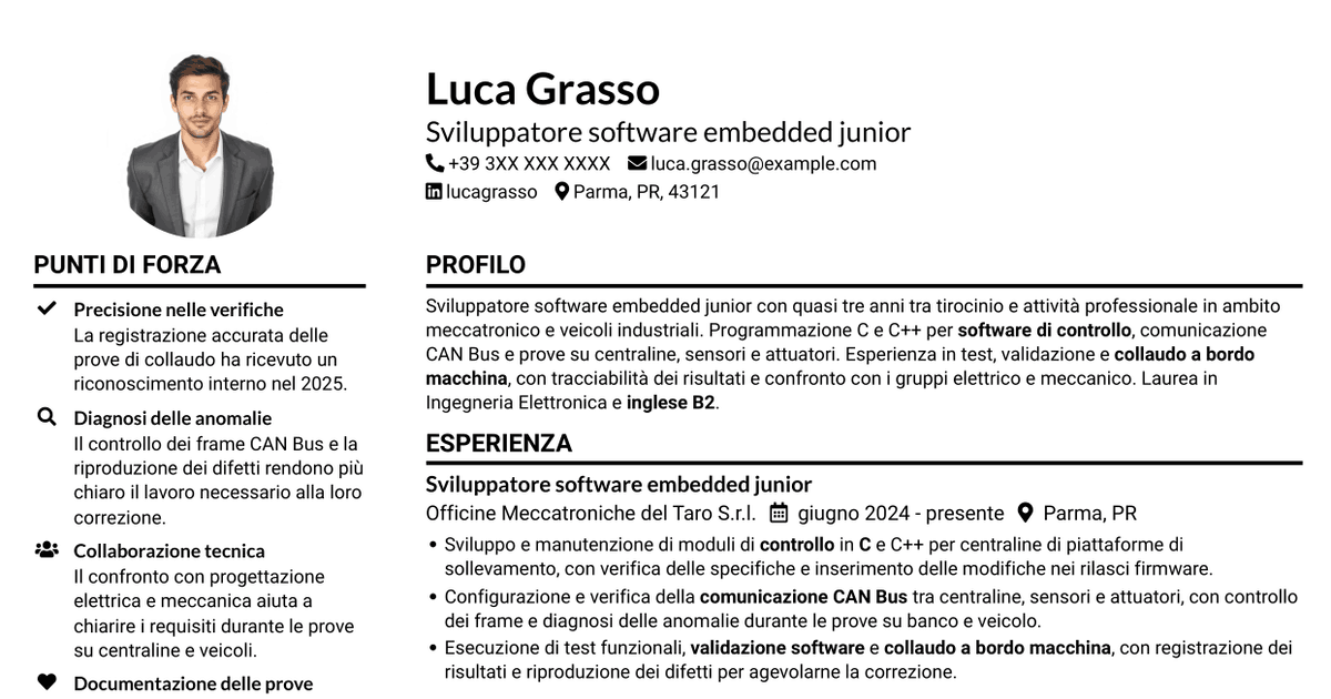 7 modelli di CV per Sviluppatore Software Embedded Junior - C/C++, con esempi
