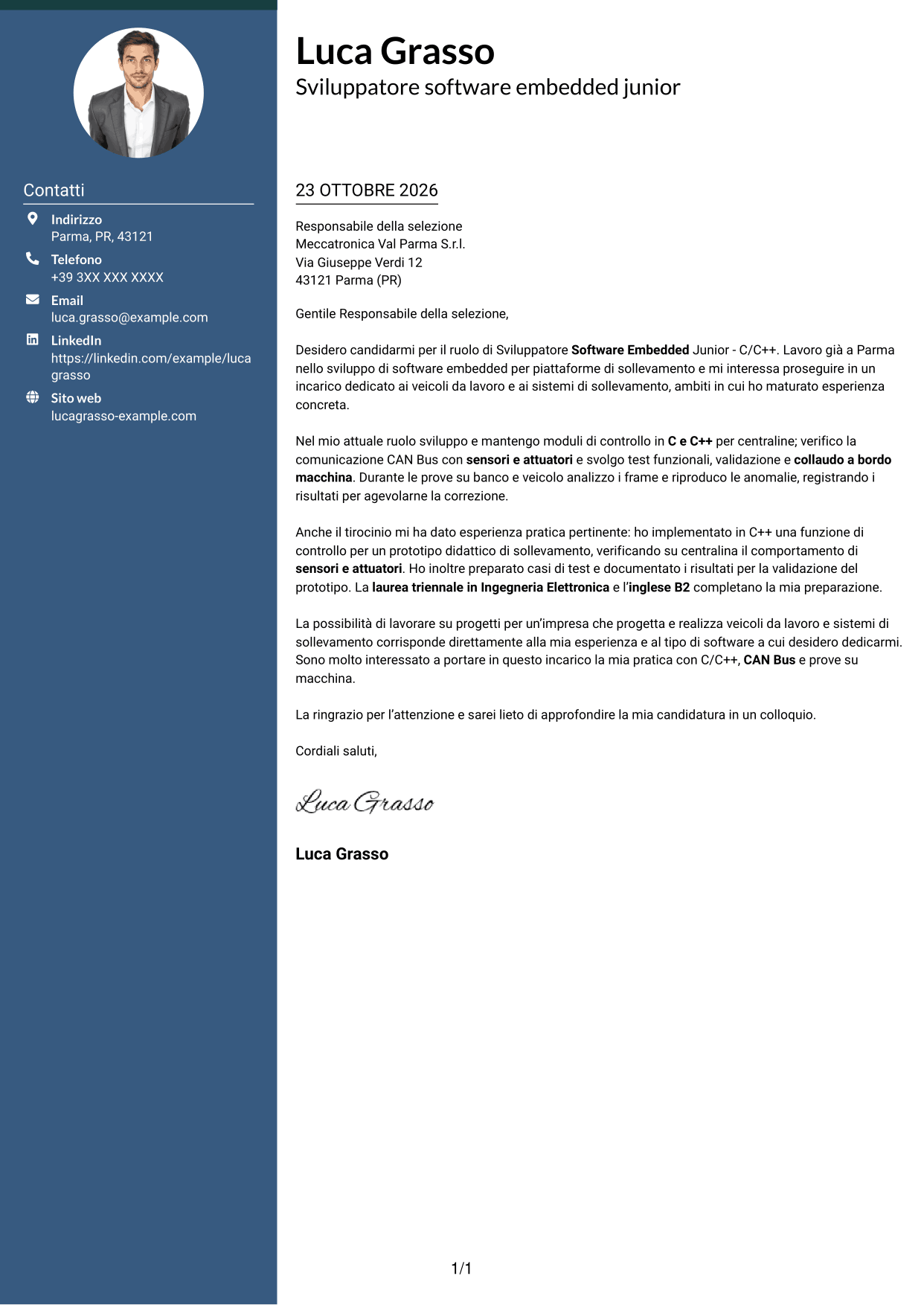 Lettera di presentazione Elegante (formato con colonna laterale colorata e foto): Sviluppatore Software Embedded Junior - C/C++, pagina 1