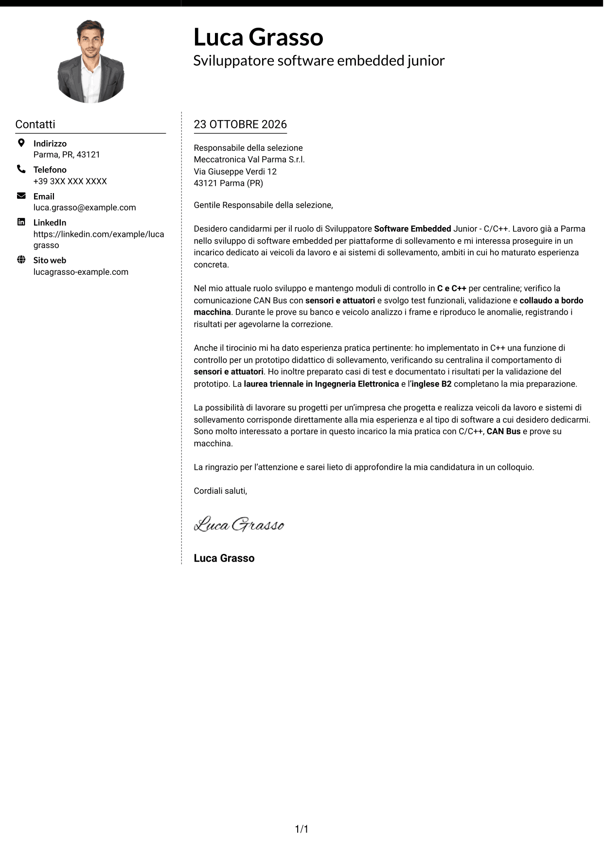 Lettera di presentazione Moderno (formato a due colonne con foto a sinistra e separatore): Sviluppatore Software Embedded Junior - C/C++, pagina 1