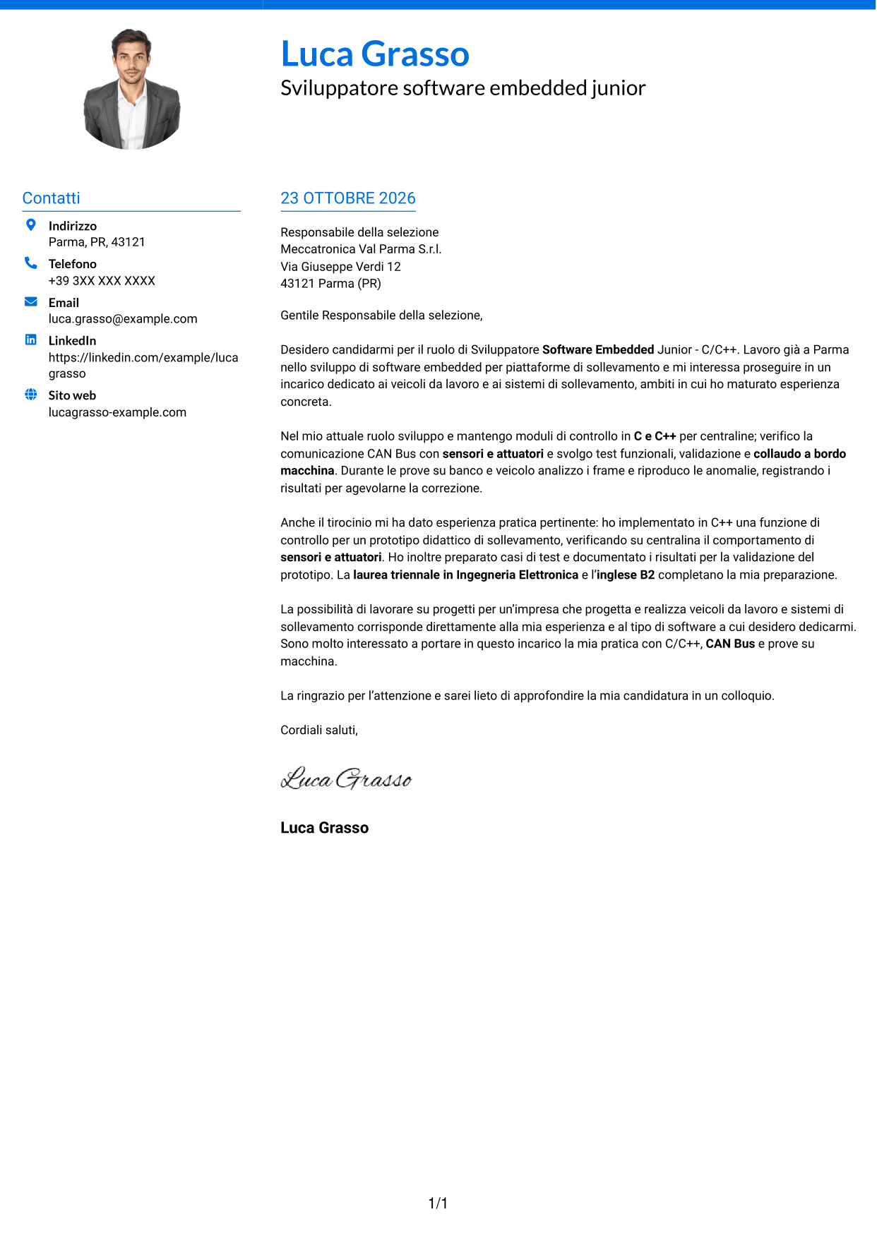 Lettera di presentazione Audace (formato a due colonne con accenti colorati e foto): Sviluppatore Software Embedded Junior - C/C++, pagina 1