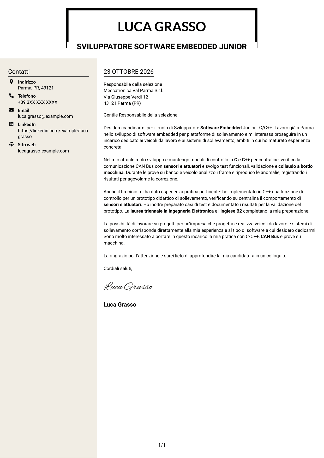 Lettera di presentazione Intraprendente (formato a due colonne con intestazione centrata senza foto): Sviluppatore Software Embedded Junior - C/C++, pagina 1