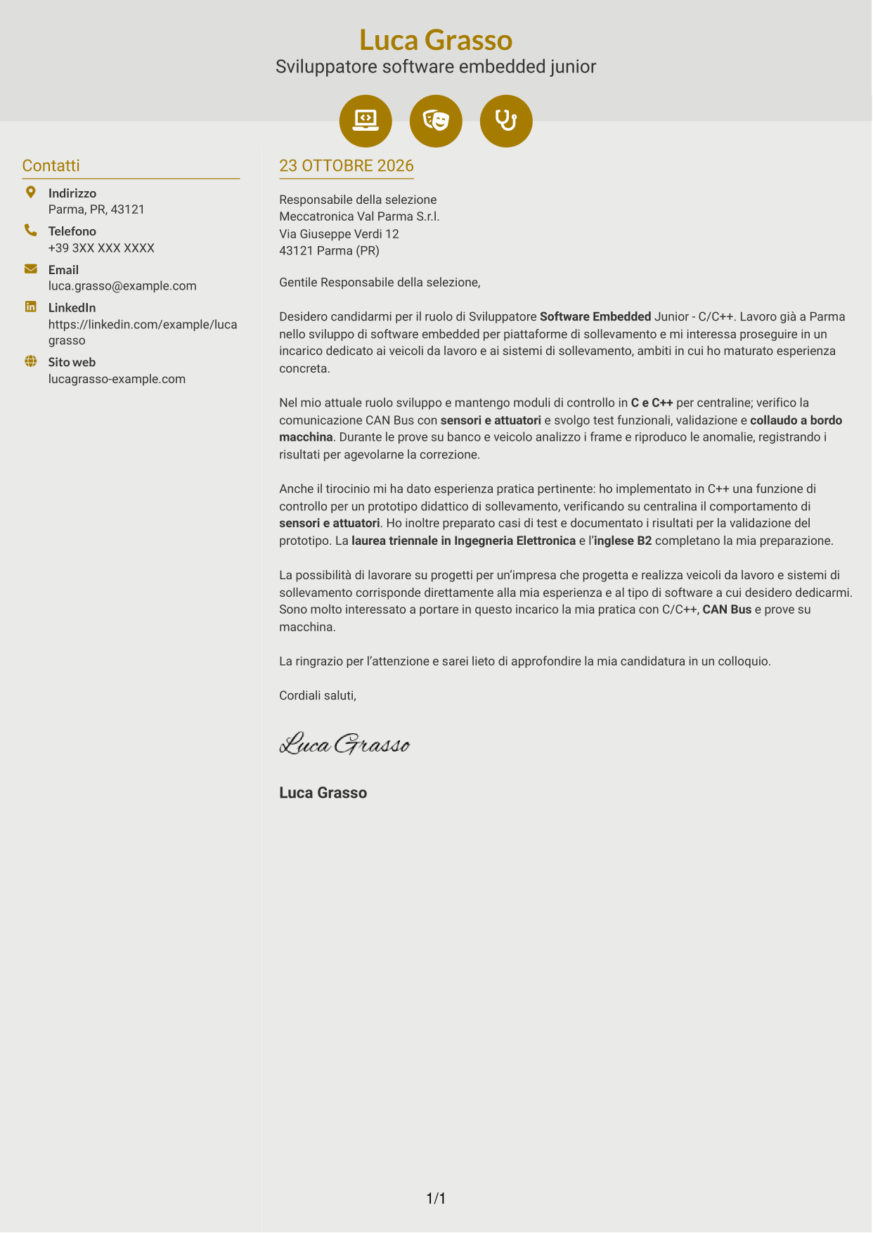 Lettera di presentazione Dinamico (formato a due colonne con icone): Sviluppatore Software Embedded Junior - C/C++, pagina 1