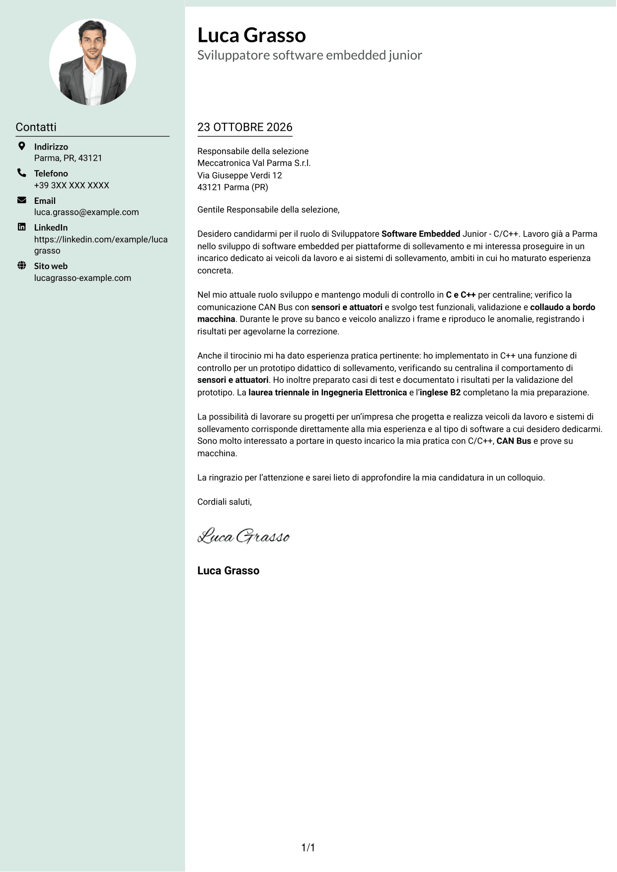 Lettera di presentazione Dirigente (formato con colonna laterale tenue e foto arrotondata): Sviluppatore Software Embedded Junior - C/C++, pagina 1