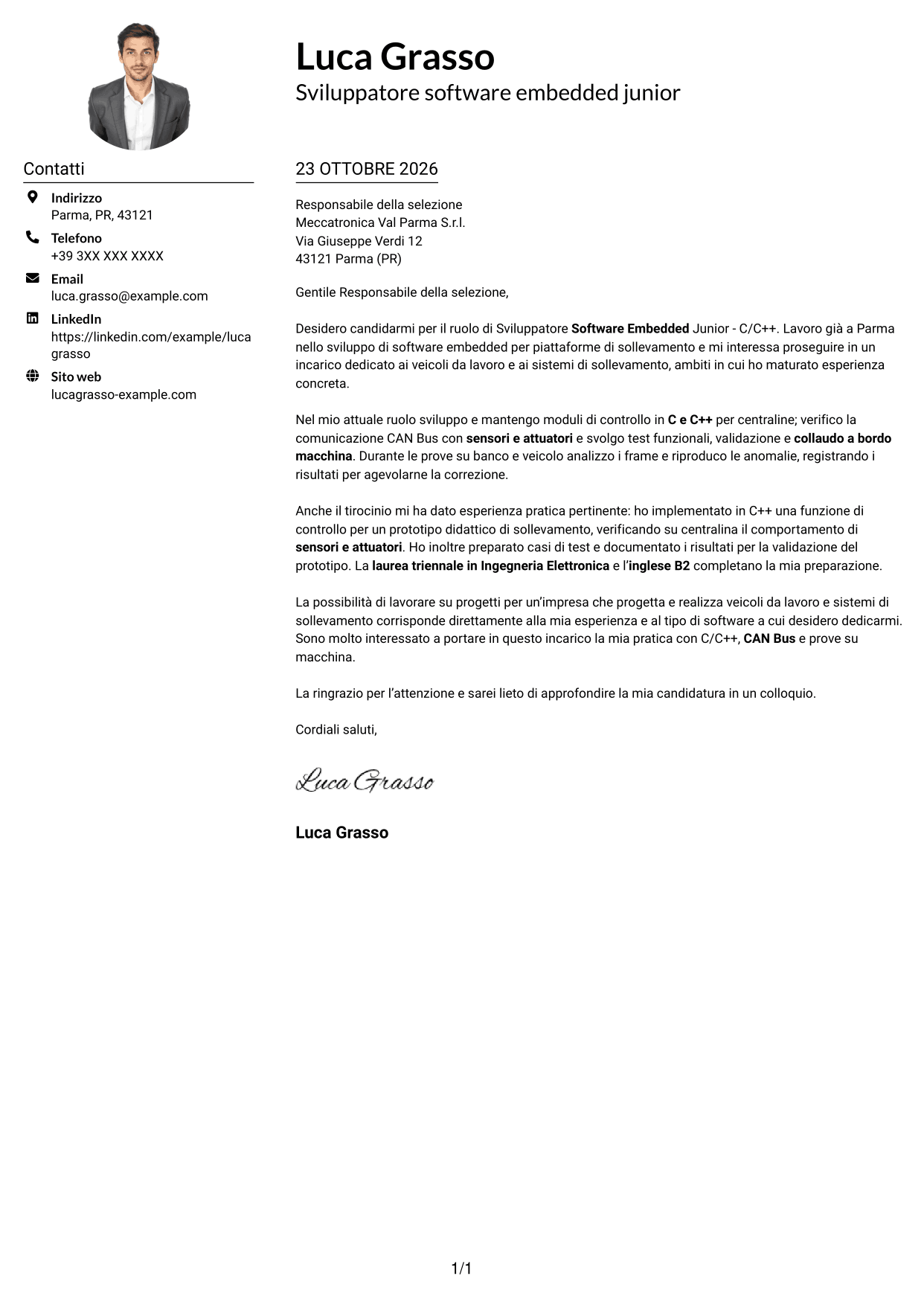 Esempio di lettera di presentazione — pagina 1