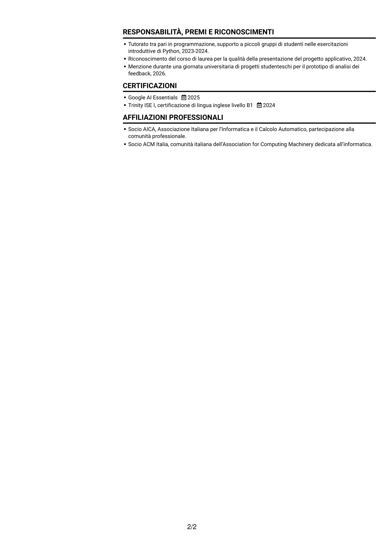 CV Compatto (formato sobrio a due colonne con foto): Sviluppatore Software Junior - Applicazioni e AI, pagina 2