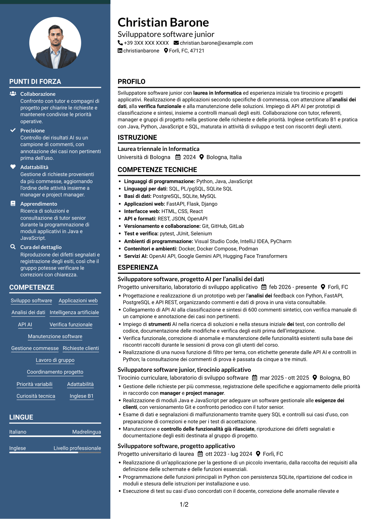 CV Elegante (formato con colonna laterale colorata e foto): Sviluppatore Software Junior - Applicazioni e AI, pagina 1