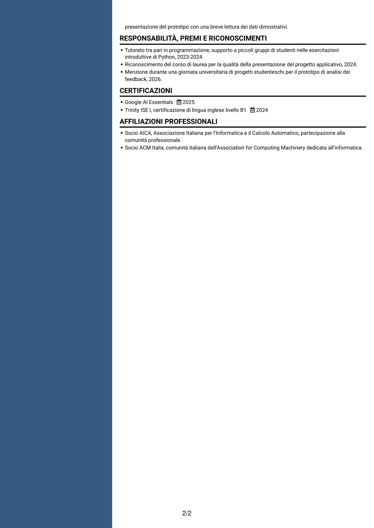 CV Elegante (formato con colonna laterale colorata e foto): Sviluppatore Software Junior - Applicazioni e AI, pagina 2