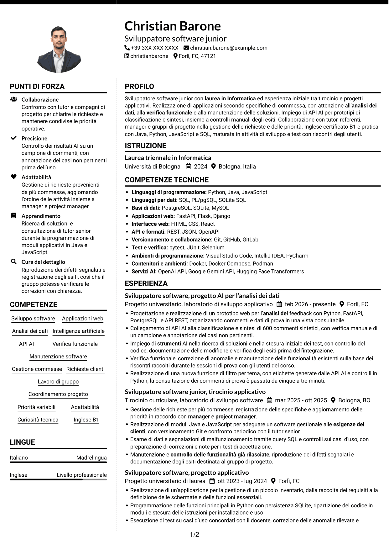 CV Moderno (formato a due colonne con foto a sinistra e separatore): Sviluppatore Software Junior - Applicazioni e AI, pagina 1