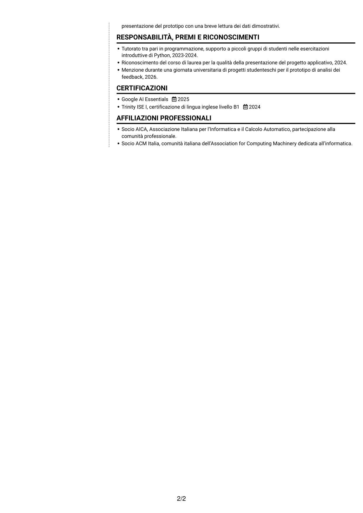 CV Moderno (formato a due colonne con foto a sinistra e separatore): Sviluppatore Software Junior - Applicazioni e AI, pagina 2