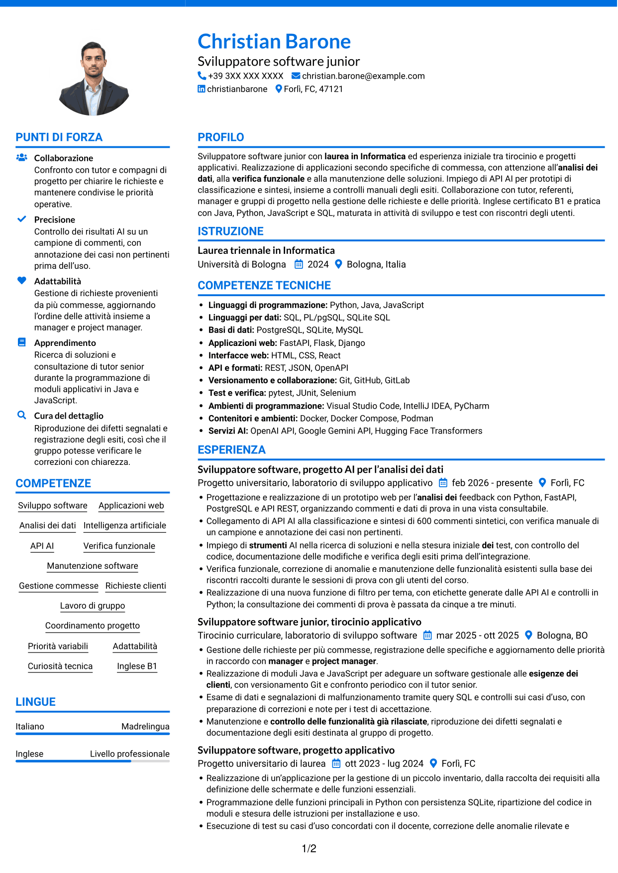 CV Audace (formato a due colonne con accenti colorati e foto): Sviluppatore Software Junior - Applicazioni e AI, pagina 1