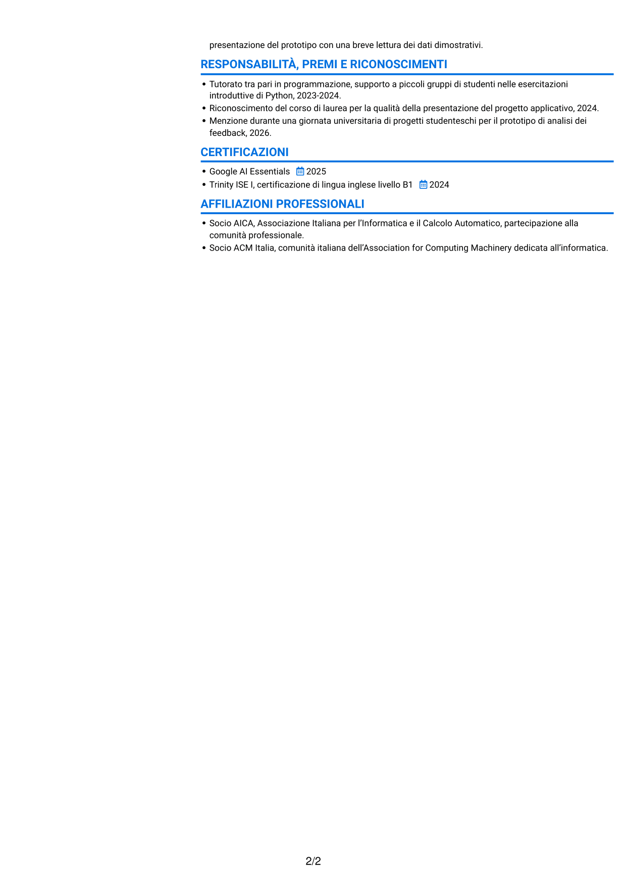 CV Audace (formato a due colonne con accenti colorati e foto): Sviluppatore Software Junior - Applicazioni e AI, pagina 2