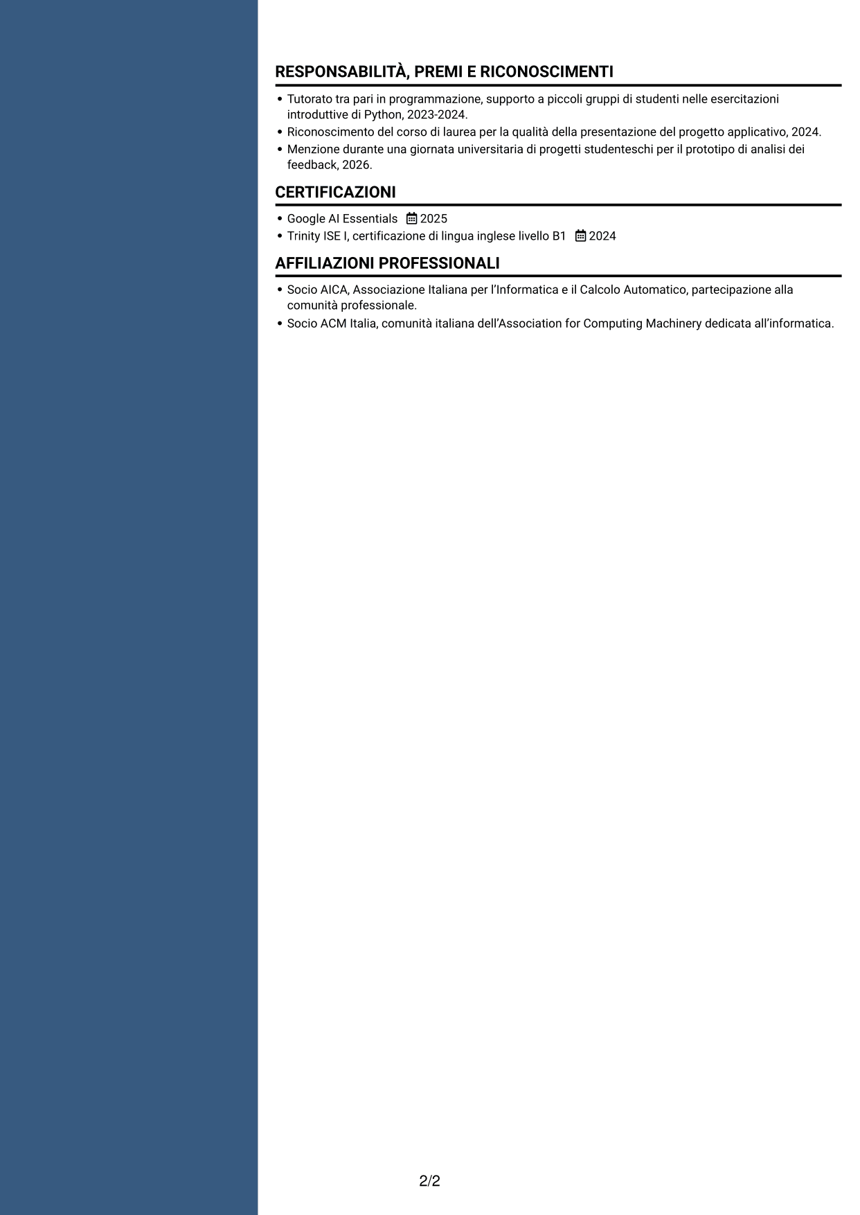 CV Signature (formato con colonna laterale colorata e foto grande): Sviluppatore Software Junior - Applicazioni e AI, pagina 2