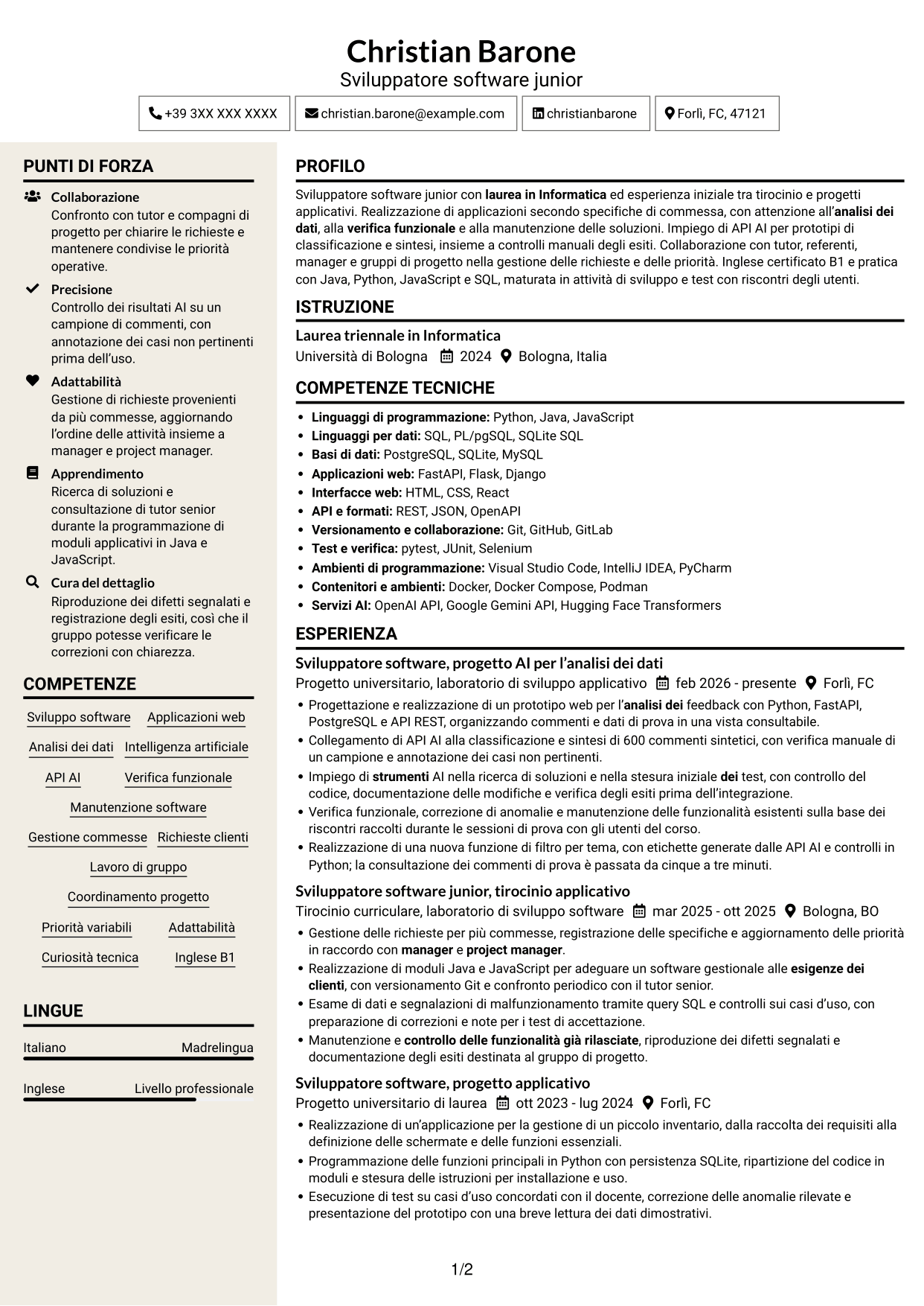 CV Intraprendente (formato a due colonne con intestazione centrata senza foto): Sviluppatore Software Junior - Applicazioni e AI, pagina 1