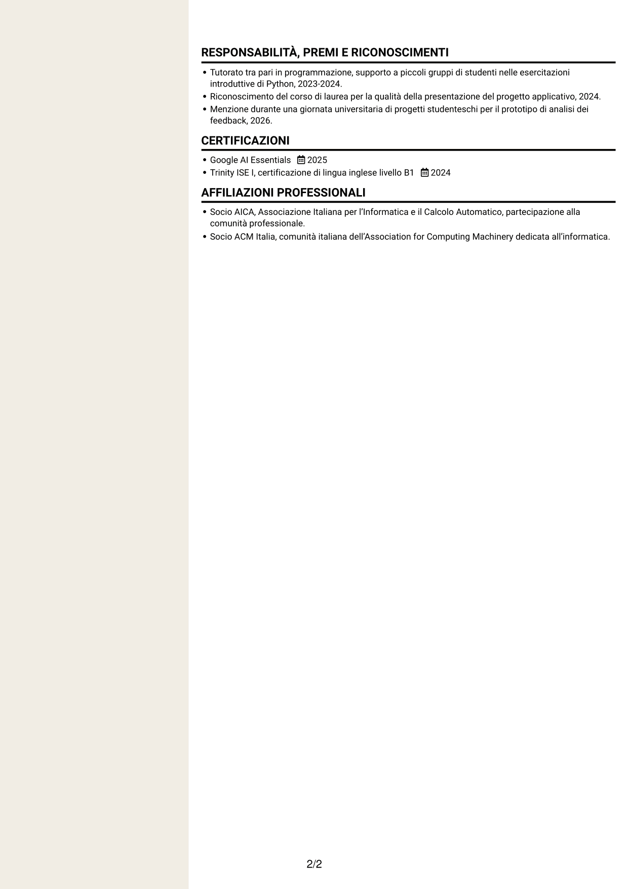 CV Intraprendente (formato a due colonne con intestazione centrata senza foto): Sviluppatore Software Junior - Applicazioni e AI, pagina 2