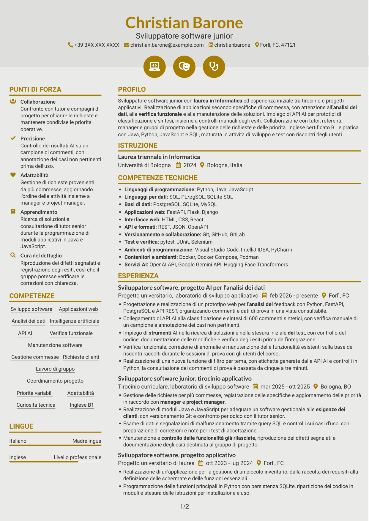 CV Dinamico (formato a due colonne con icone): Sviluppatore Software Junior - Applicazioni e AI, pagina 1
