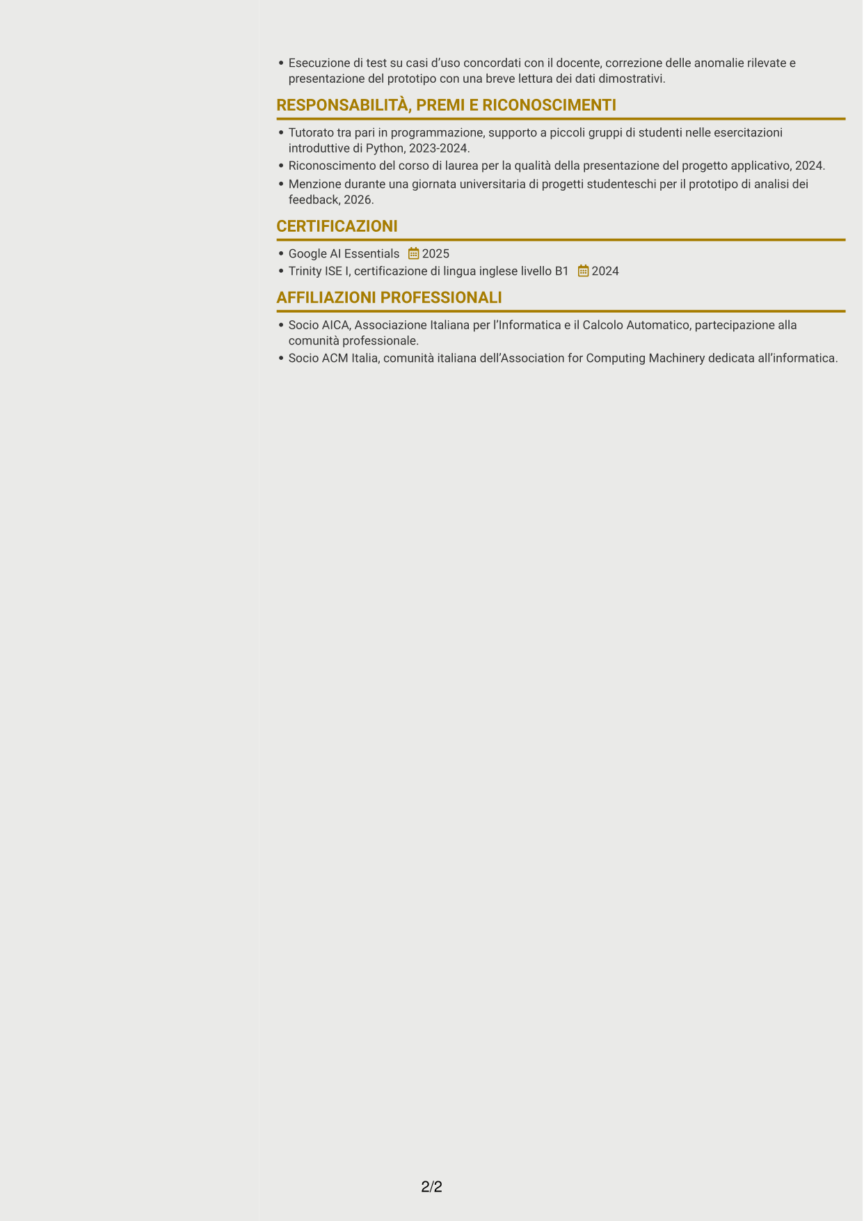 CV Dinamico (formato a due colonne con icone): Sviluppatore Software Junior - Applicazioni e AI, pagina 2