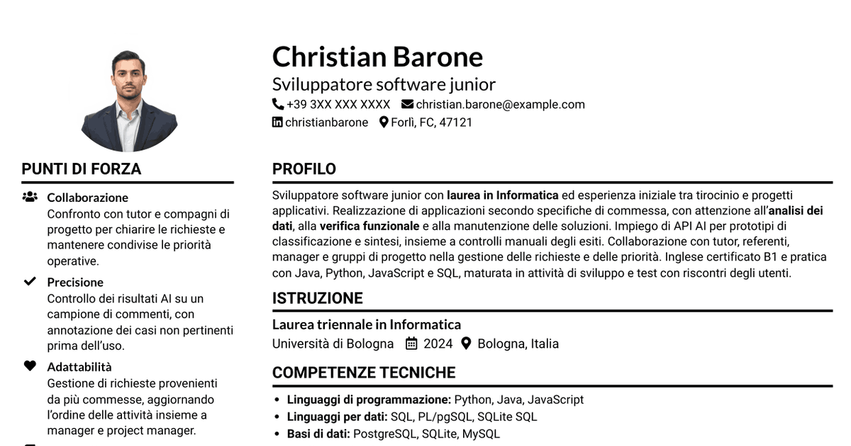 7 modelli di CV per Sviluppatore Software Junior - Applicazioni e AI, con esempi