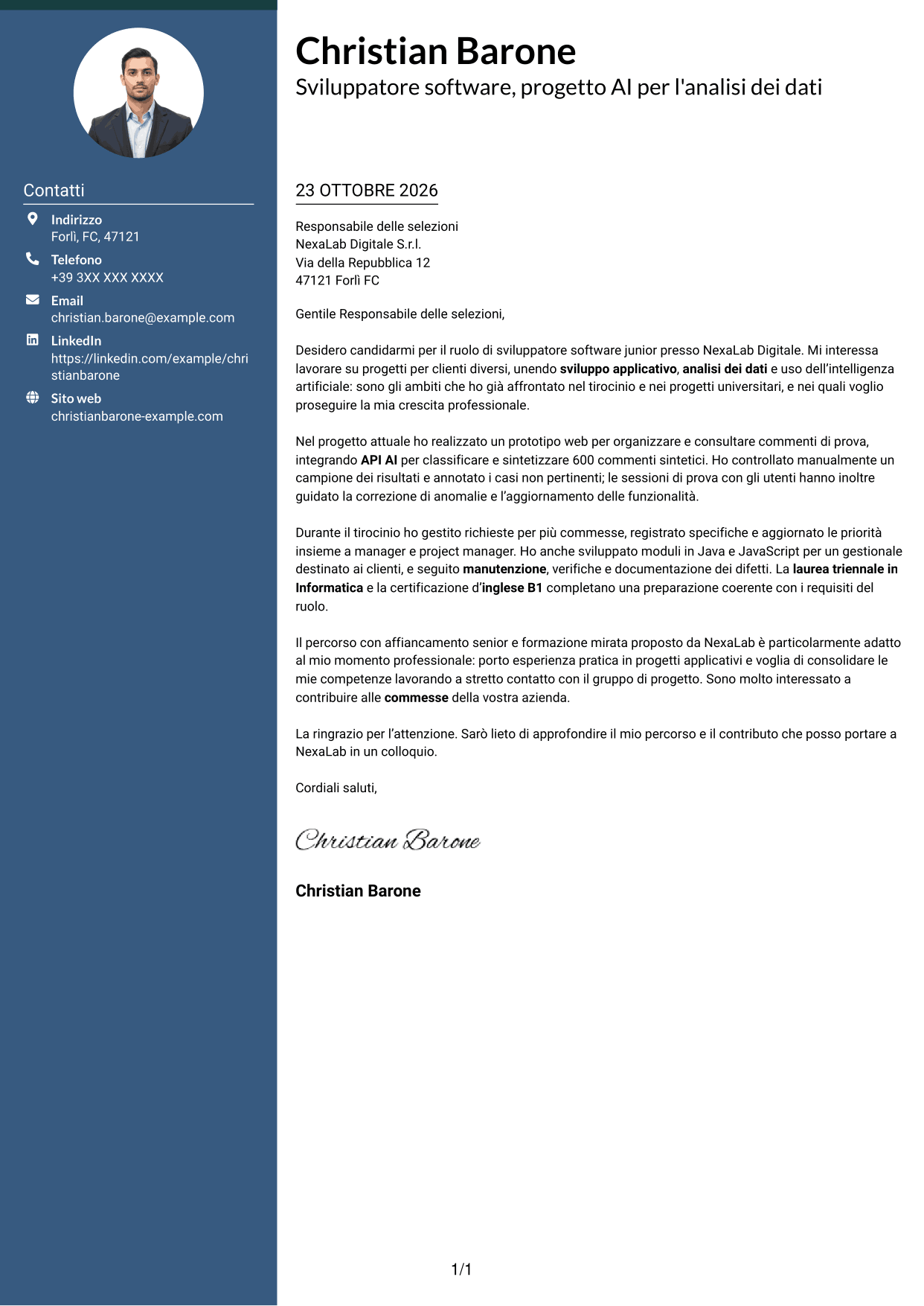Lettera di presentazione Elegante (formato con colonna laterale colorata e foto): Sviluppatore Software Junior - Applicazioni e AI, pagina 1