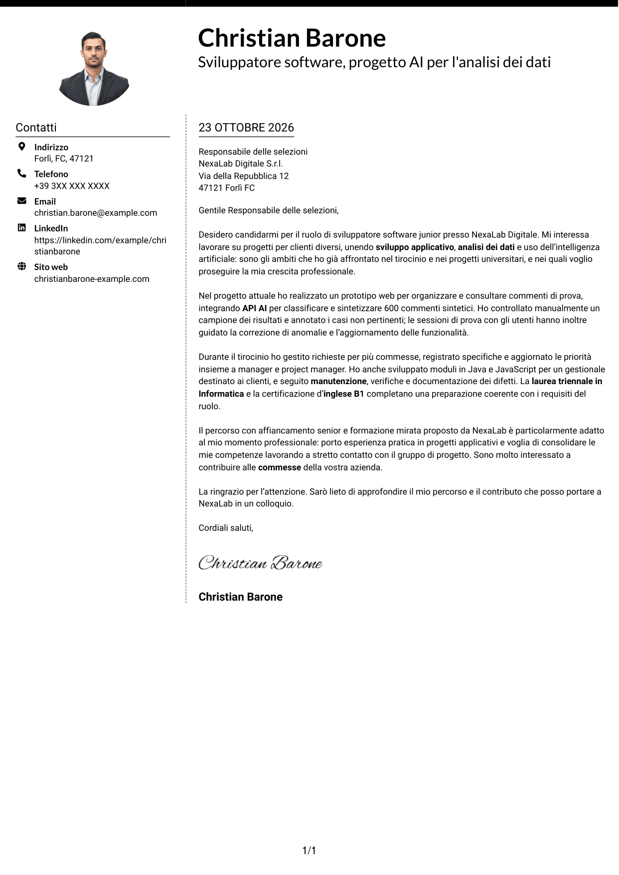 Lettera di presentazione Moderno (formato a due colonne con foto a sinistra e separatore): Sviluppatore Software Junior - Applicazioni e AI, pagina 1