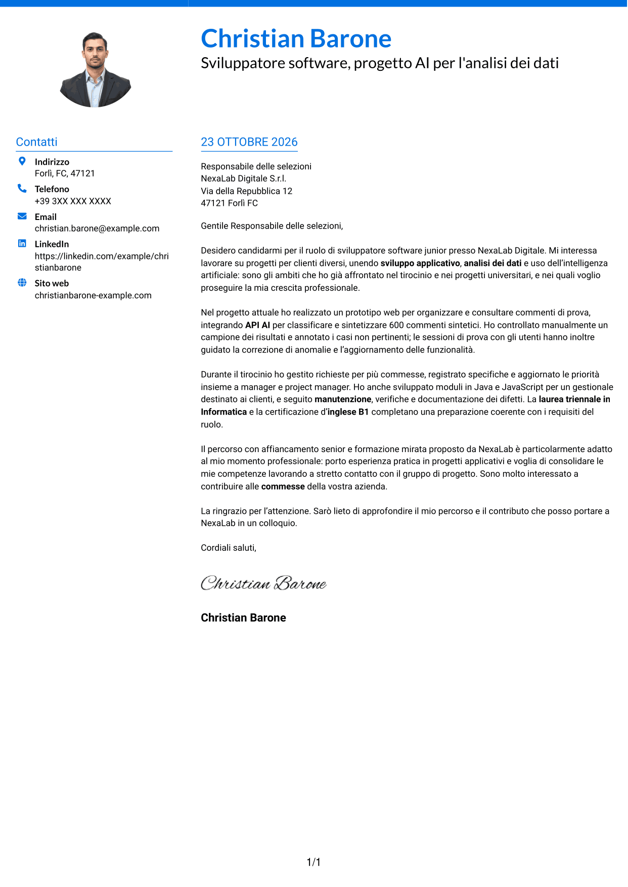 Lettera di presentazione Audace (formato a due colonne con accenti colorati e foto): Sviluppatore Software Junior - Applicazioni e AI, pagina 1