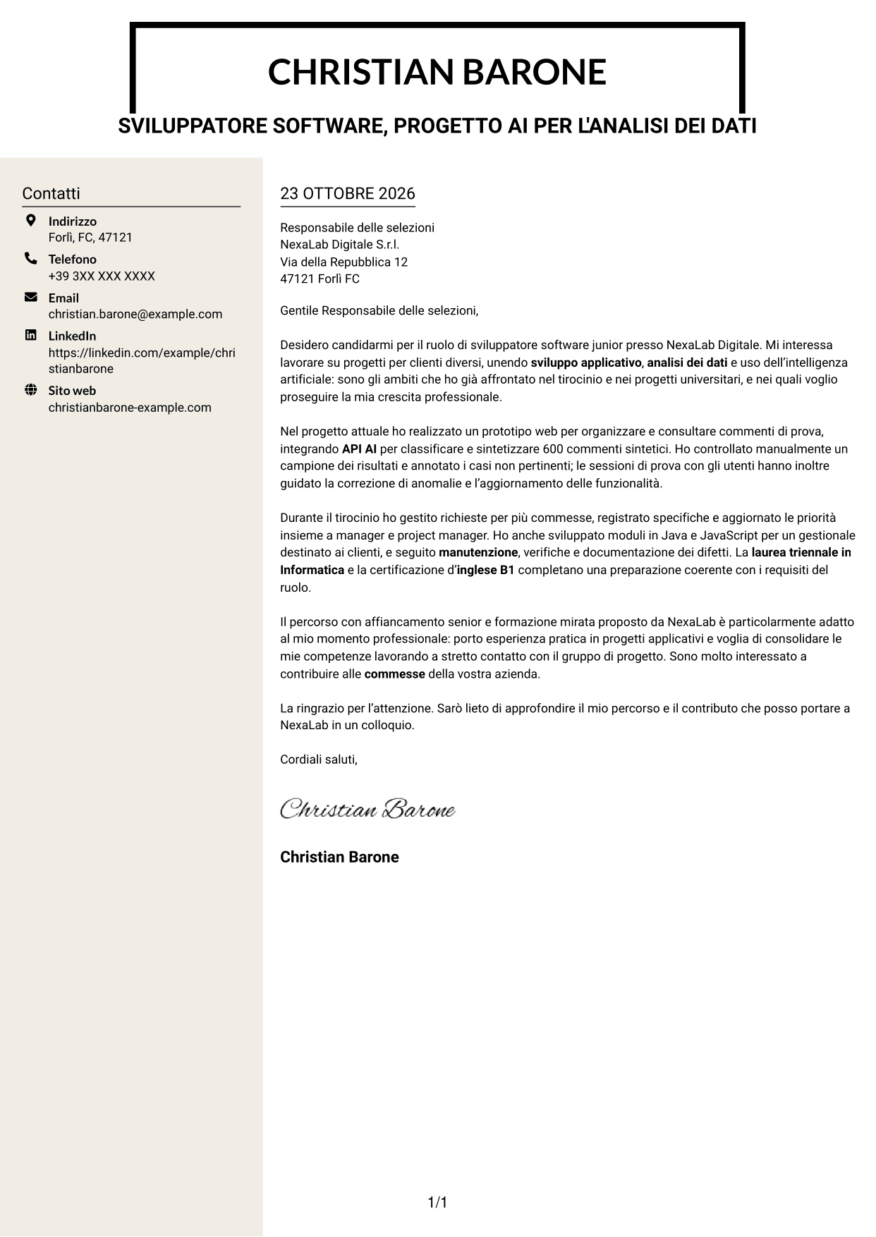 Lettera di presentazione Intraprendente (formato a due colonne con intestazione centrata senza foto): Sviluppatore Software Junior - Applicazioni e AI, pagina 1