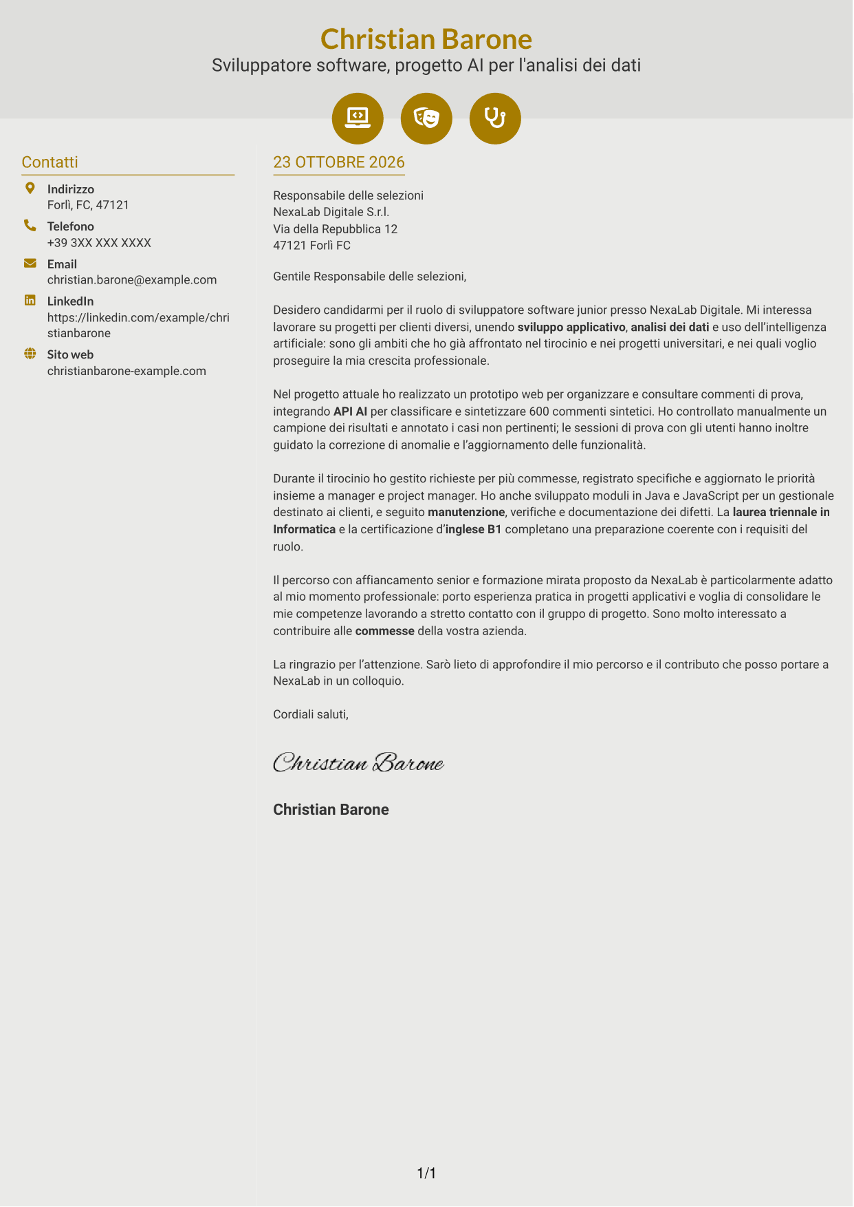 Lettera di presentazione Dinamico (formato a due colonne con icone): Sviluppatore Software Junior - Applicazioni e AI, pagina 1