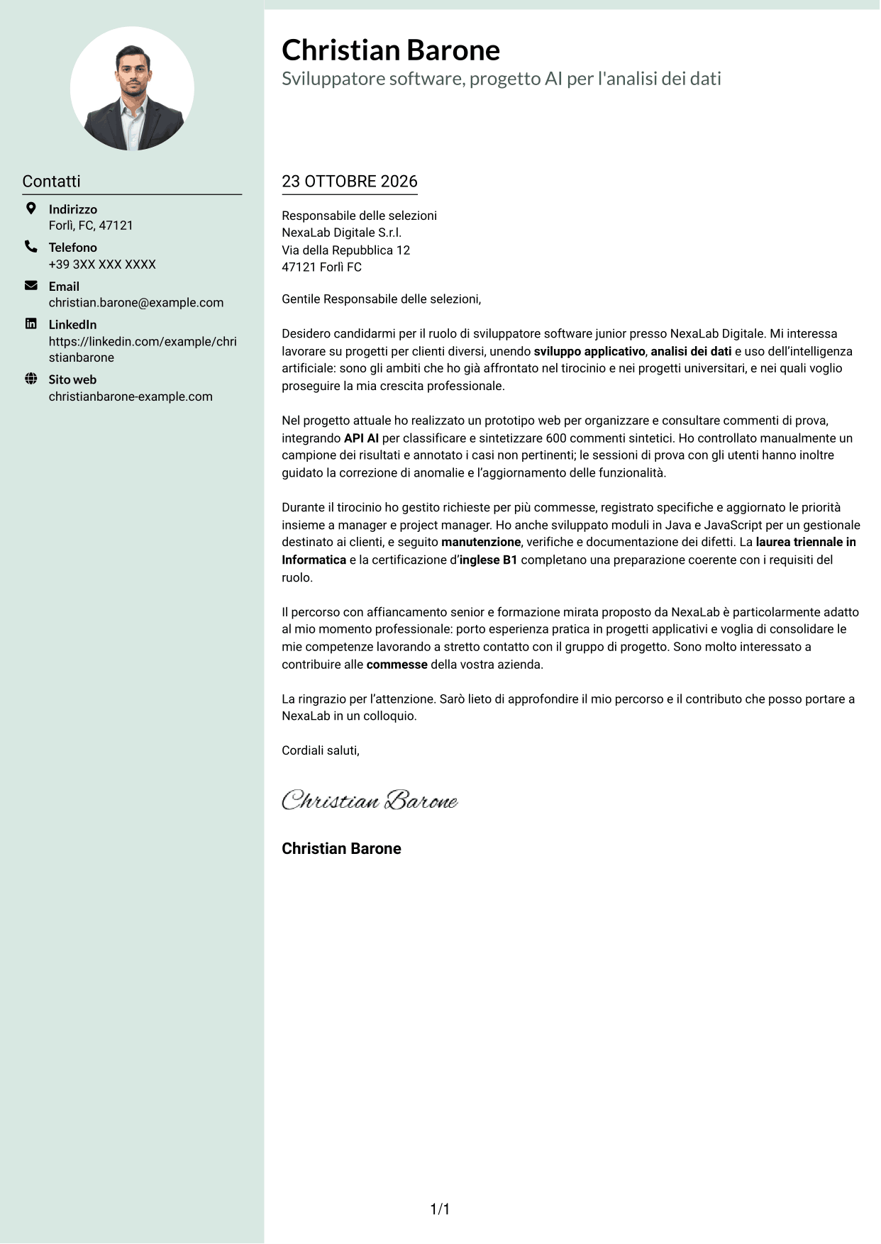 Lettera di presentazione Dirigente (formato con colonna laterale tenue e foto arrotondata): Sviluppatore Software Junior - Applicazioni e AI, pagina 1