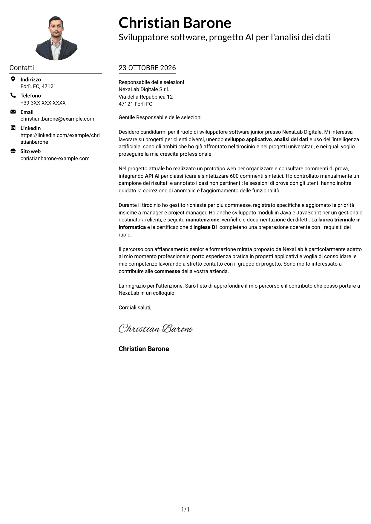 Esempio di lettera di presentazione — pagina 1