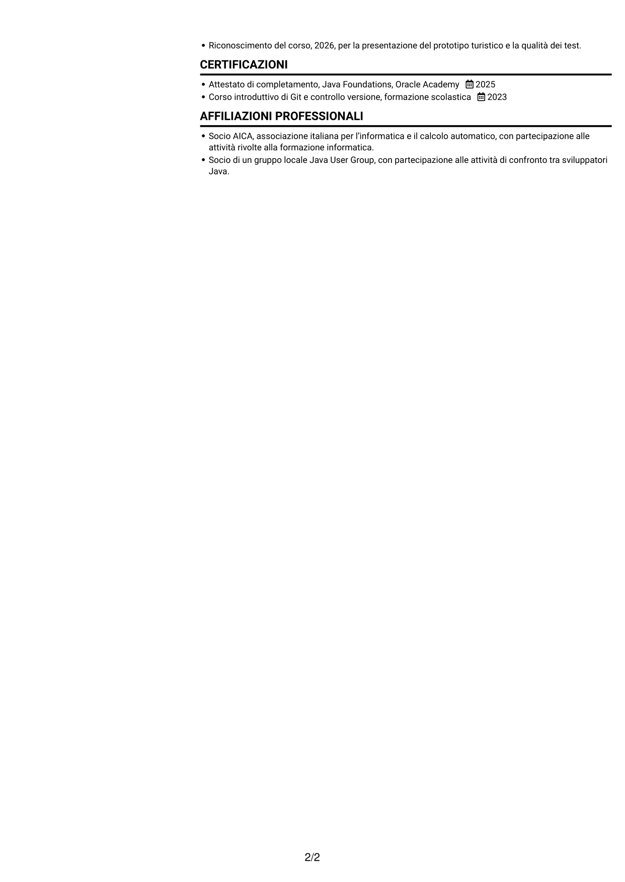 CV Compatto (formato sobrio a due colonne con foto): Sviluppatore Software Junior - Java, pagina 2