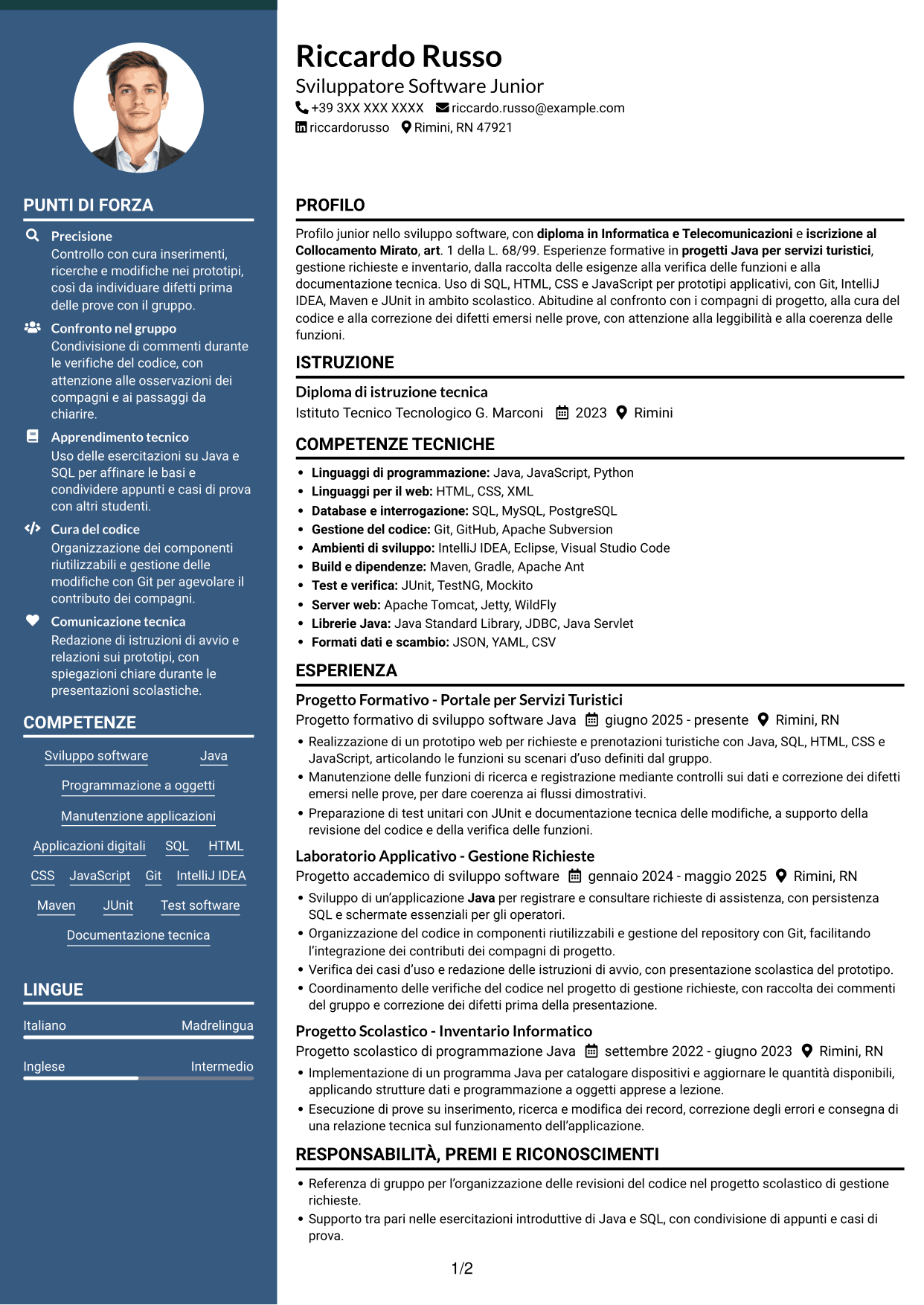 CV Elegante (formato con colonna laterale colorata e foto): Sviluppatore Software Junior - Java, pagina 1