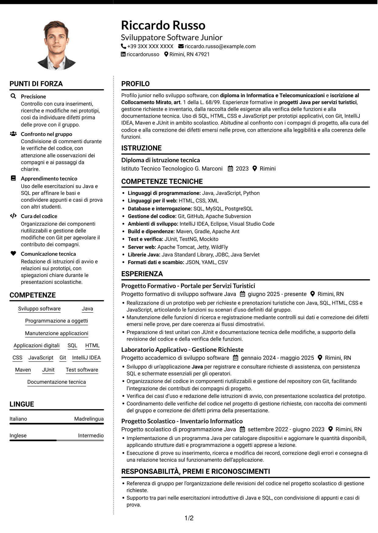 CV Moderno (formato a due colonne con foto a sinistra e separatore): Sviluppatore Software Junior - Java, pagina 1