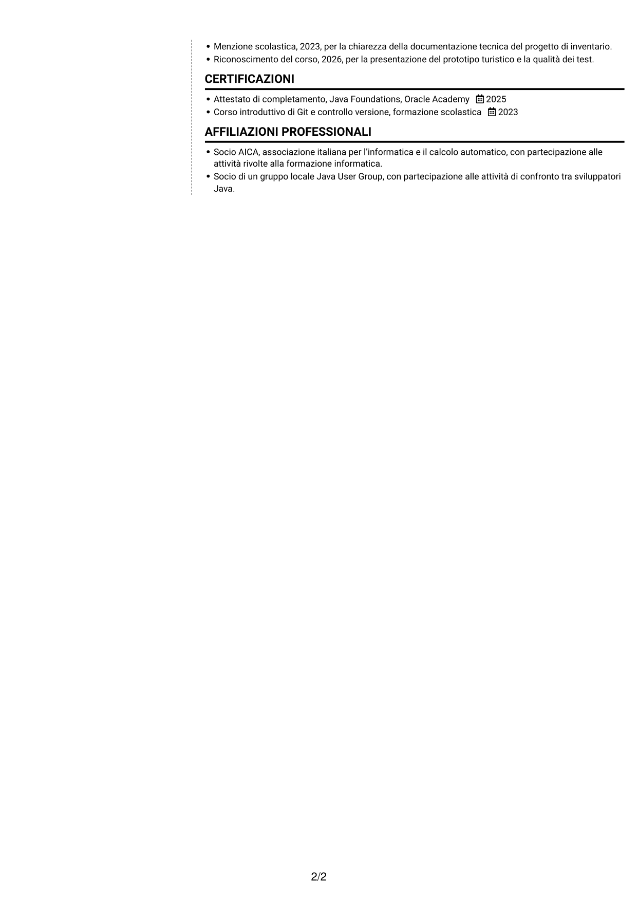 CV Moderno (formato a due colonne con foto a sinistra e separatore): Sviluppatore Software Junior - Java, pagina 2
