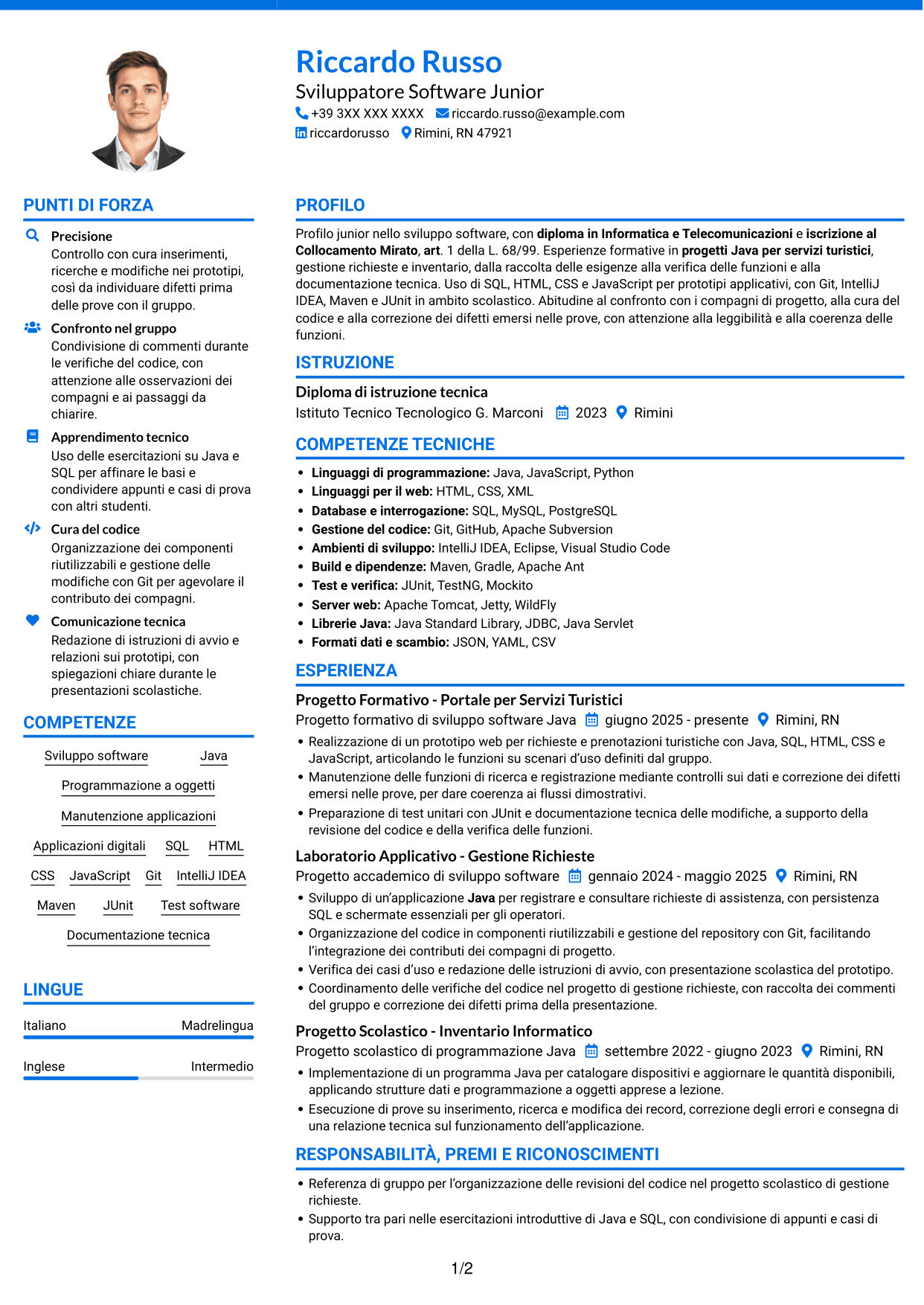 CV Audace (formato a due colonne con accenti colorati e foto): Sviluppatore Software Junior - Java, pagina 1
