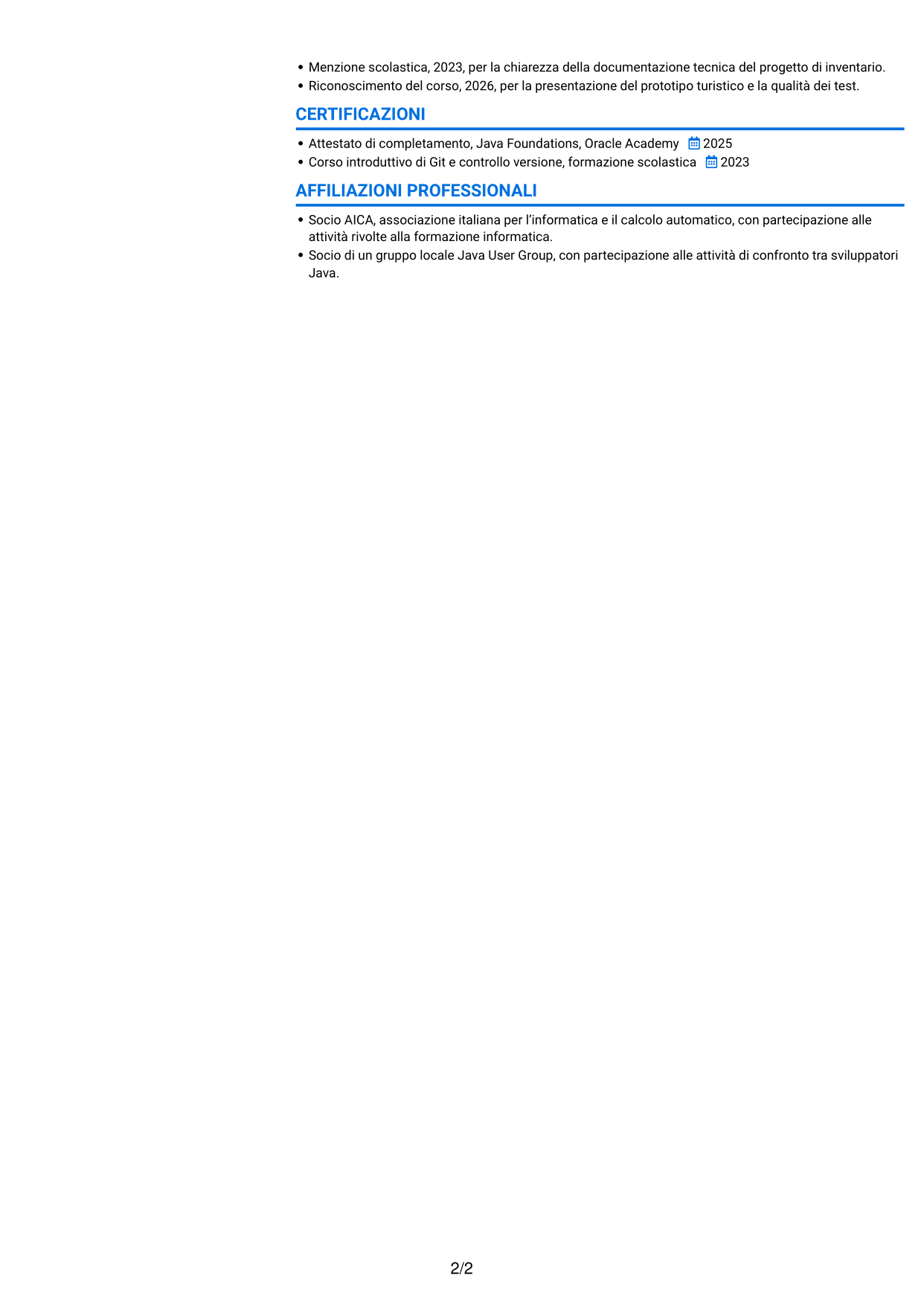 CV Audace (formato a due colonne con accenti colorati e foto): Sviluppatore Software Junior - Java, pagina 2