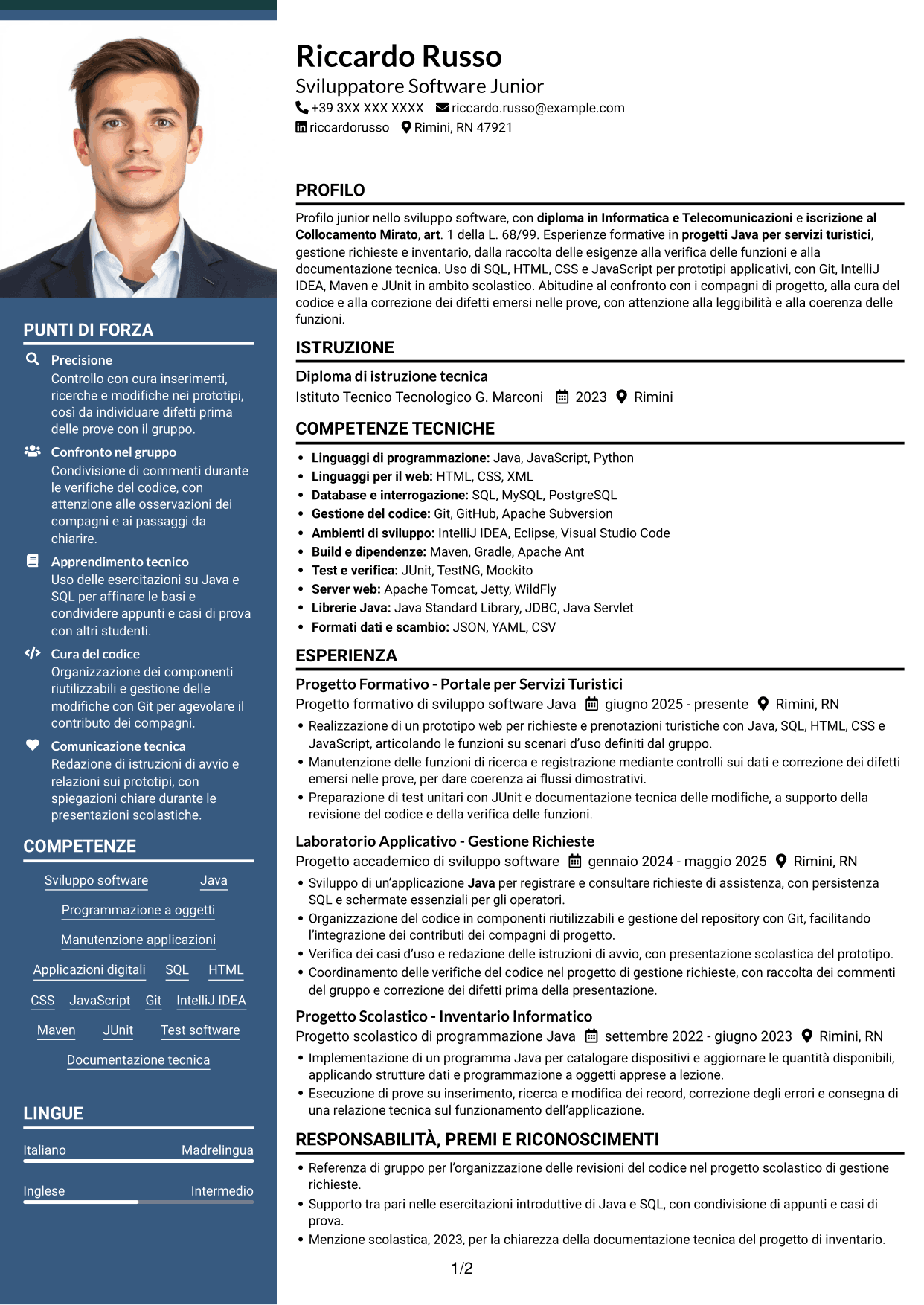 CV Signature (formato con colonna laterale colorata e foto grande): Sviluppatore Software Junior - Java, pagina 1