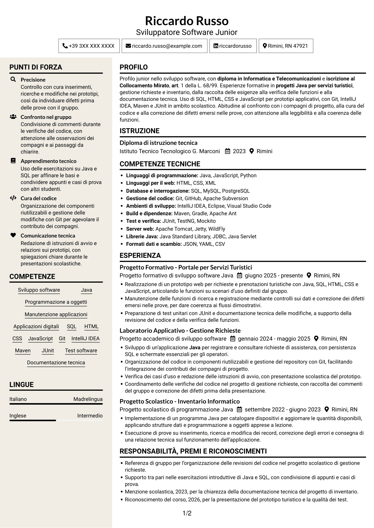 CV Intraprendente (formato a due colonne con intestazione centrata senza foto): Sviluppatore Software Junior - Java, pagina 1