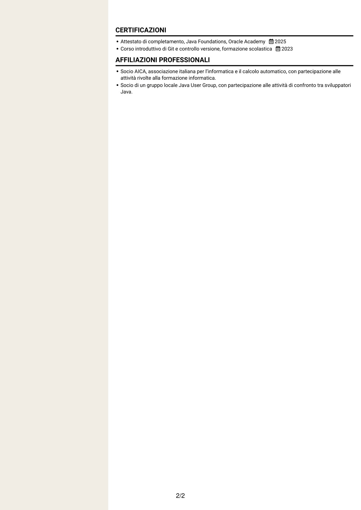 CV Intraprendente (formato a due colonne con intestazione centrata senza foto): Sviluppatore Software Junior - Java, pagina 2