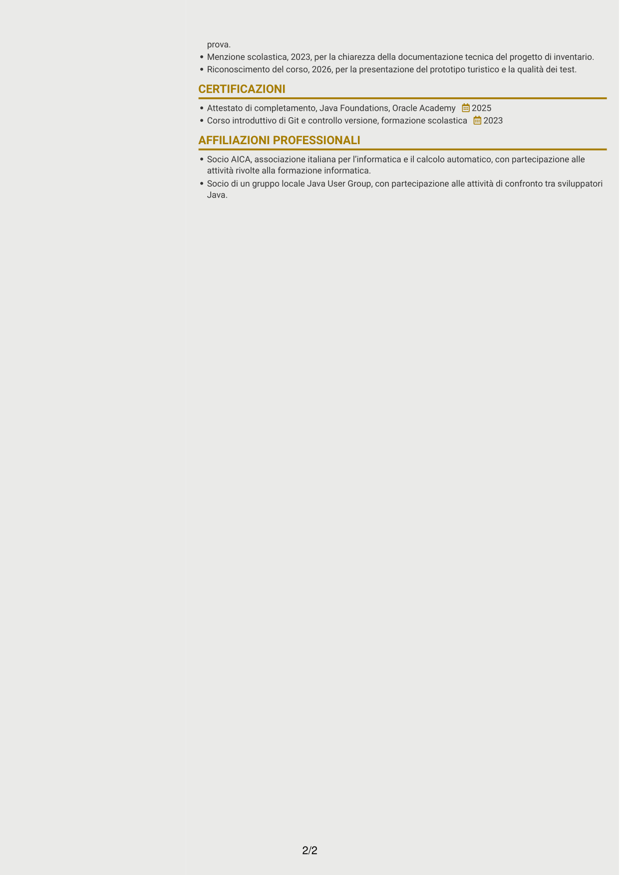 CV Dinamico (formato a due colonne con icone): Sviluppatore Software Junior - Java, pagina 2