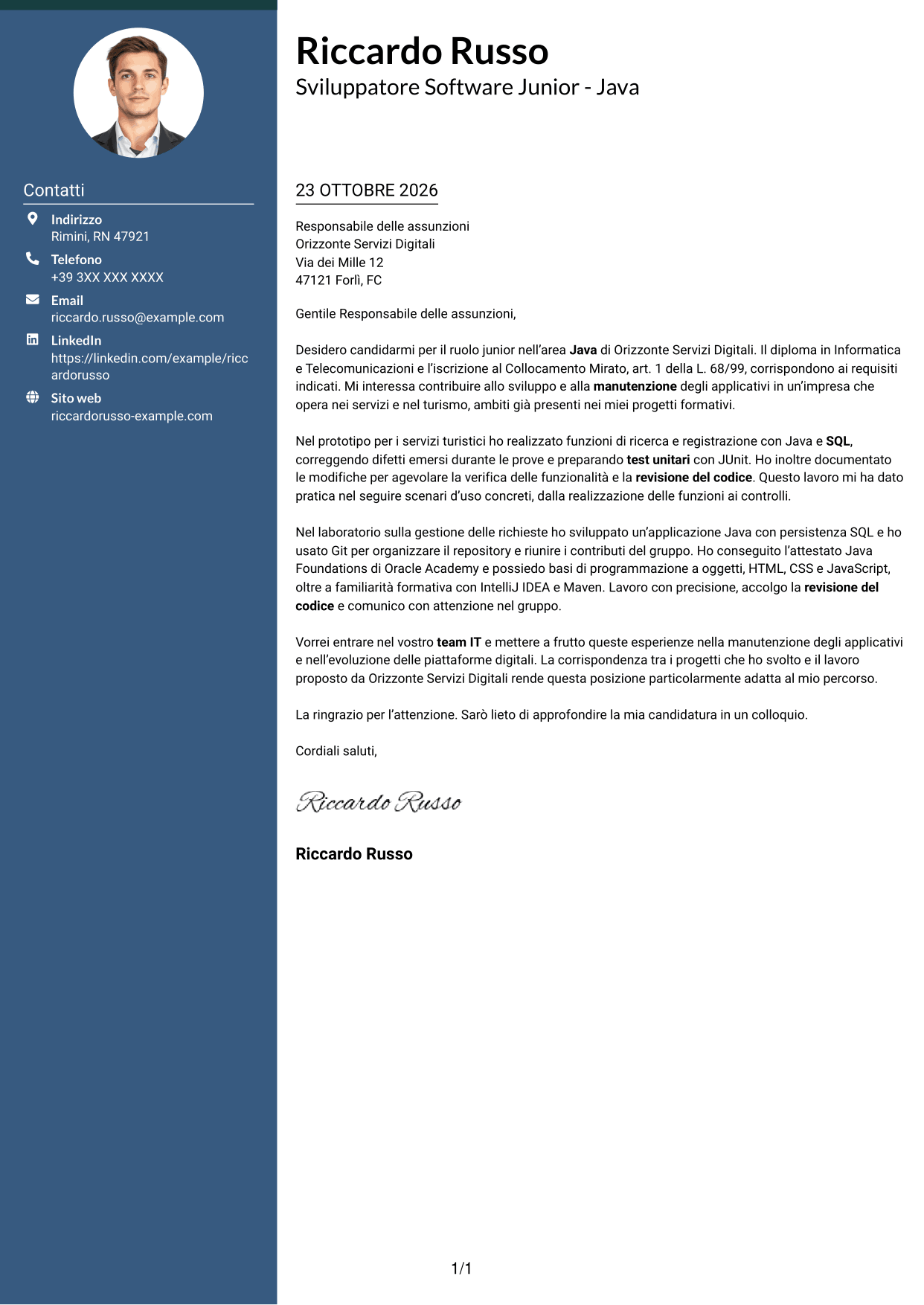 Lettera di presentazione Elegante (formato con colonna laterale colorata e foto): Sviluppatore Software Junior - Java, pagina 1