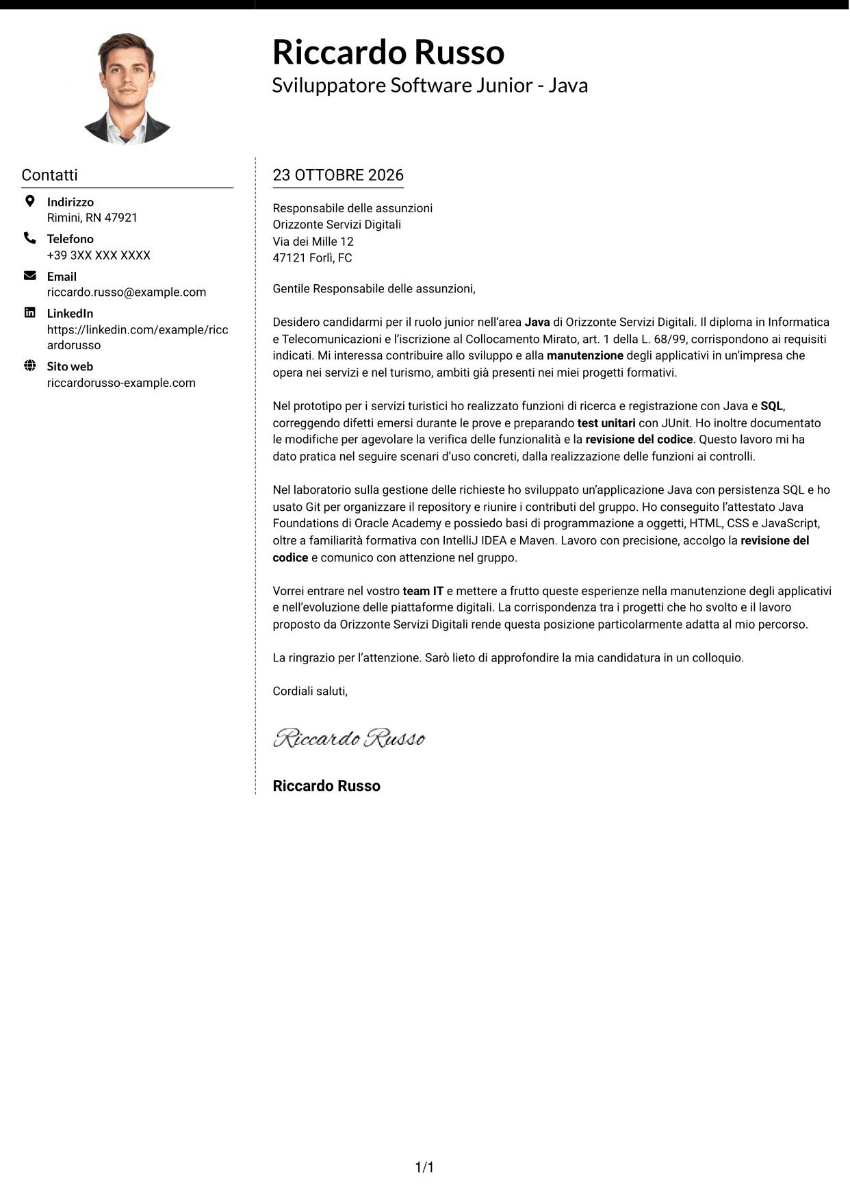 Lettera di presentazione Moderno (formato a due colonne con foto a sinistra e separatore): Sviluppatore Software Junior - Java, pagina 1