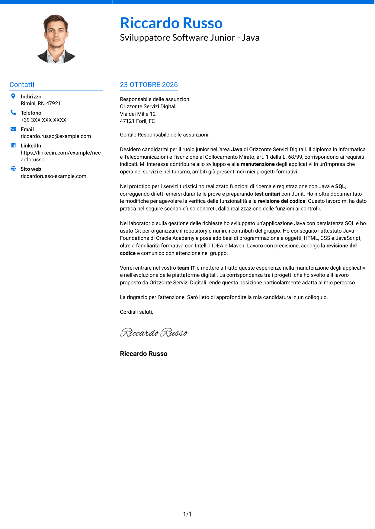 Lettera di presentazione Audace (formato a due colonne con accenti colorati e foto): Sviluppatore Software Junior - Java, pagina 1