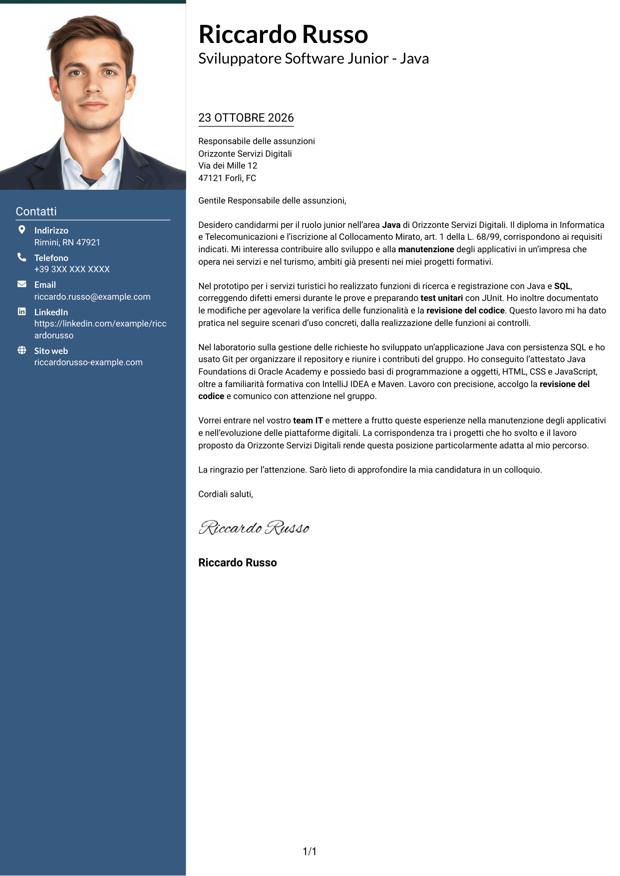 Lettera di presentazione Signature (formato con colonna laterale colorata e foto grande): Sviluppatore Software Junior - Java, pagina 1