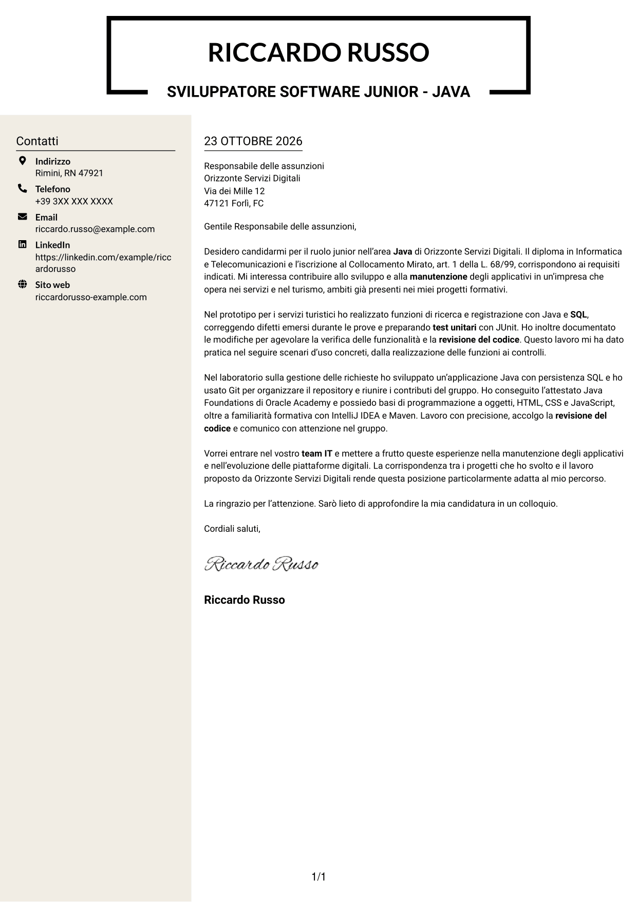 Lettera di presentazione Intraprendente (formato a due colonne con intestazione centrata senza foto): Sviluppatore Software Junior - Java, pagina 1