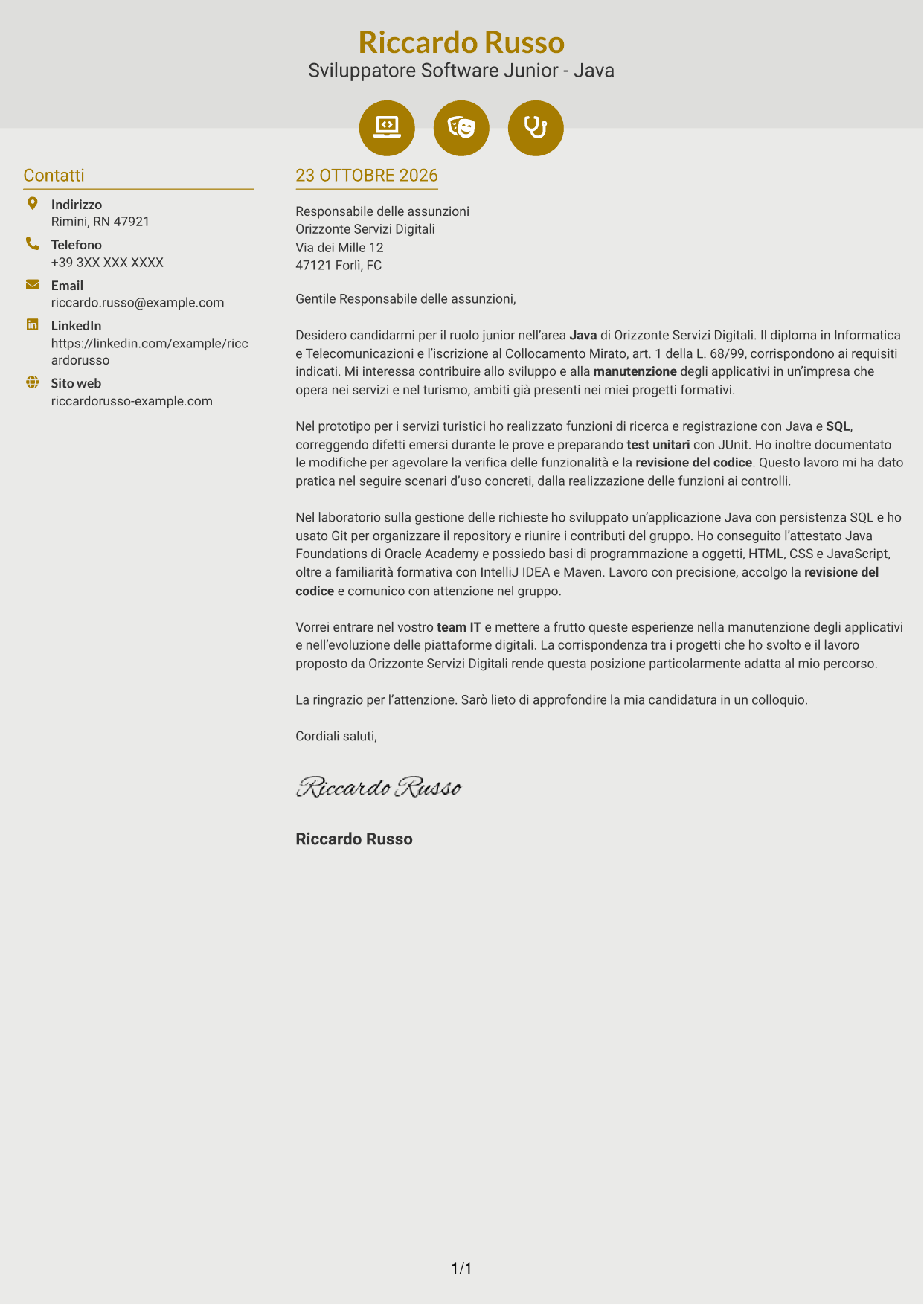 Lettera di presentazione Dinamico (formato a due colonne con icone): Sviluppatore Software Junior - Java, pagina 1